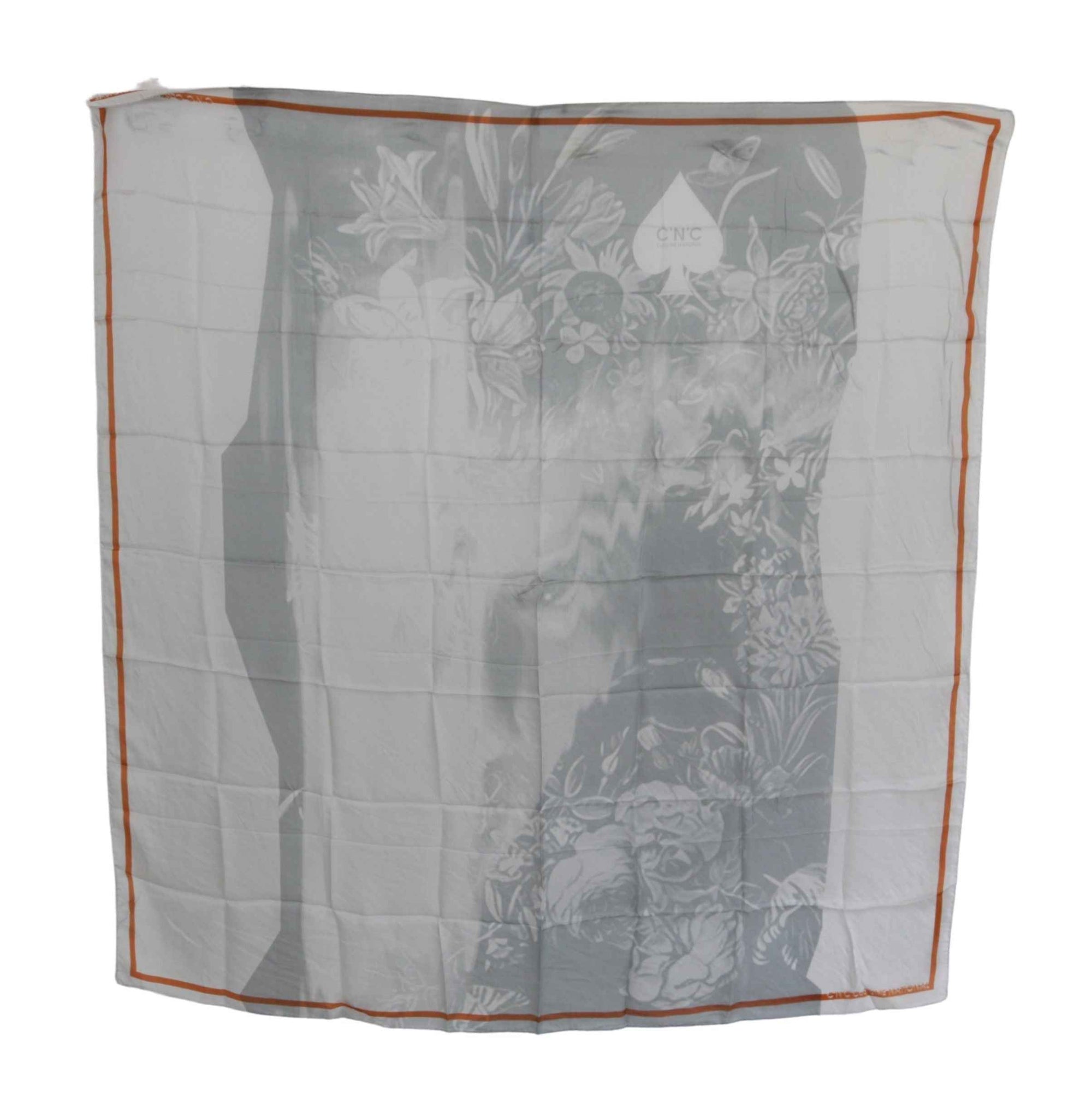 Costume National Gray Orange Silk Floral Foulard Wrap Scarf