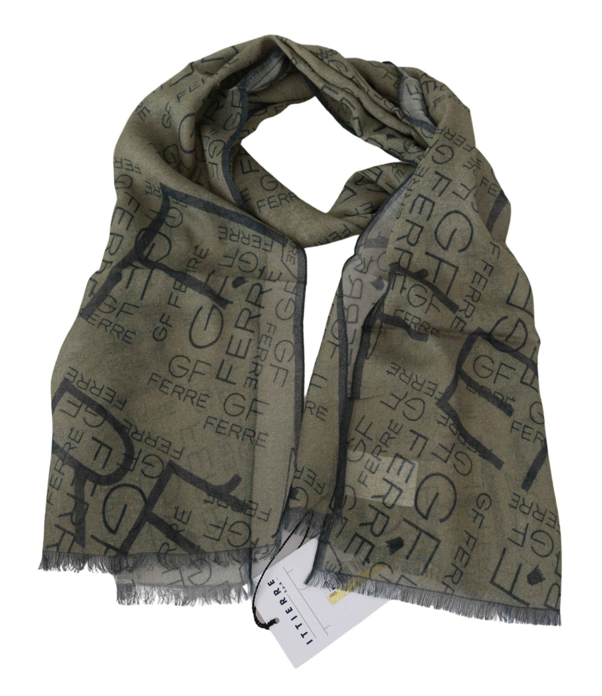 GF Ferre Green Wool Viscose Foulard Patterned Branded Scarf