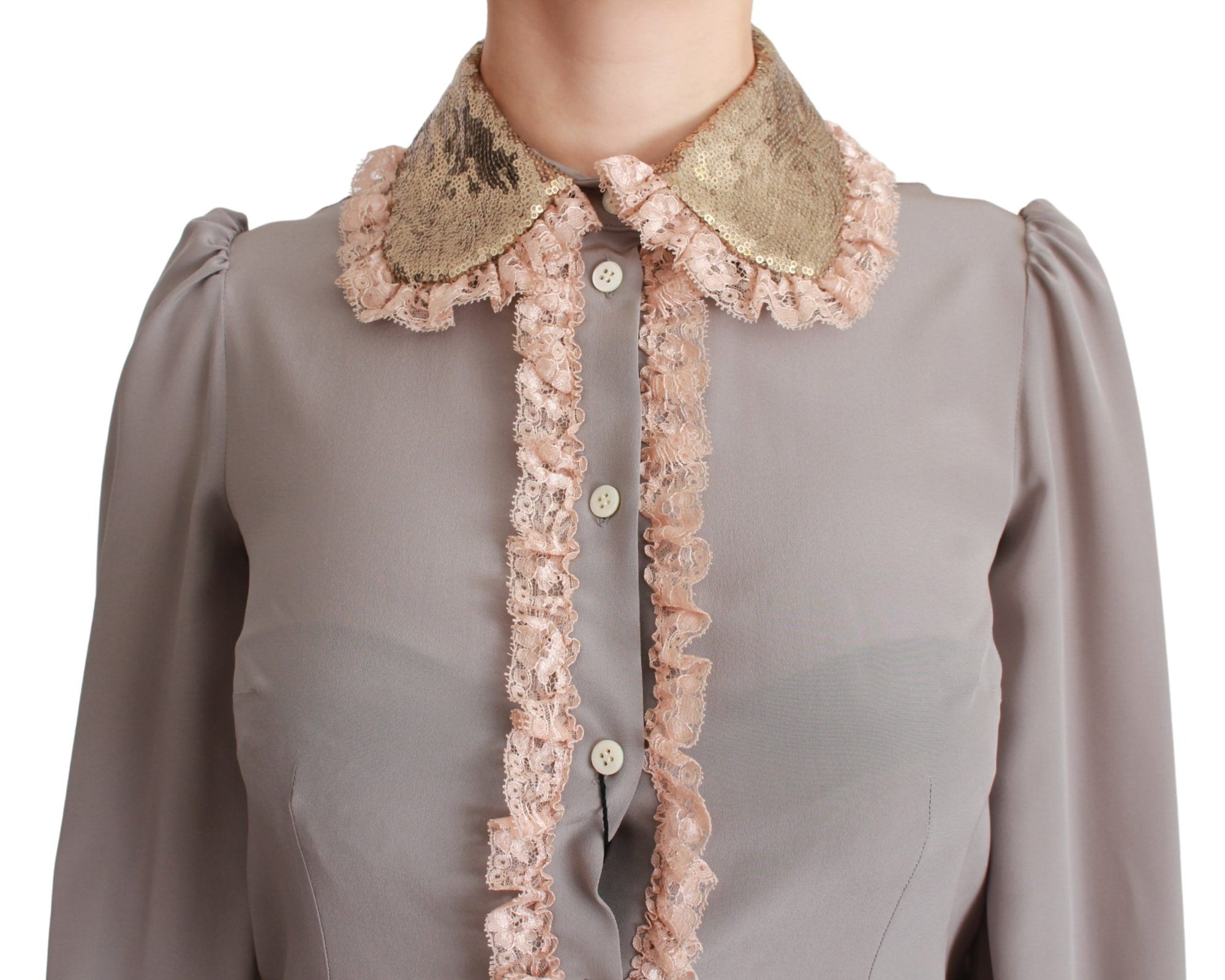 Dolce & Gabbana Gray Silk Gold Sequin Lace Blouse Shirt