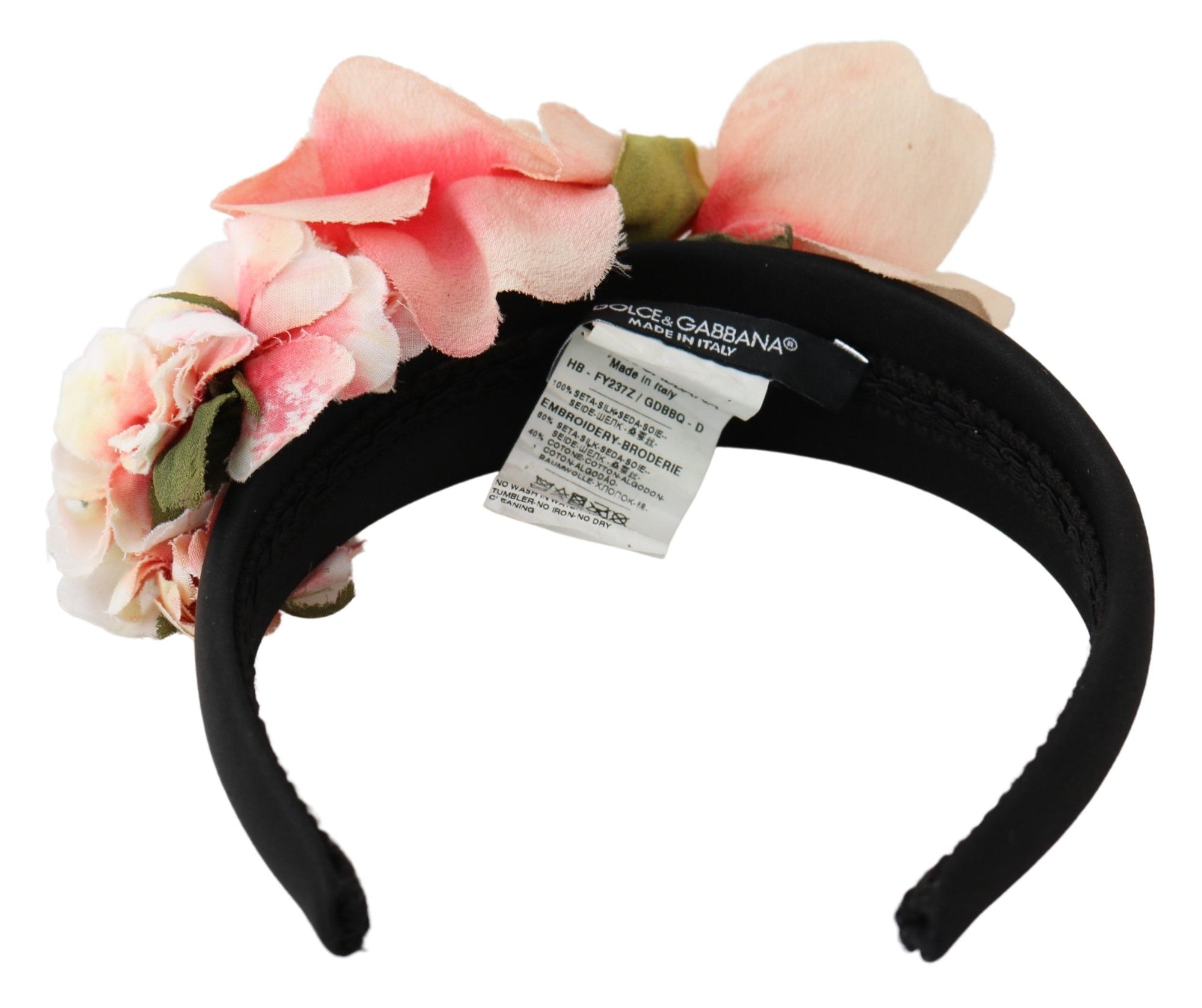 Dolce & Gabbana Pink Silk Black Floral Headband Logo Diadem - Maison Luxe