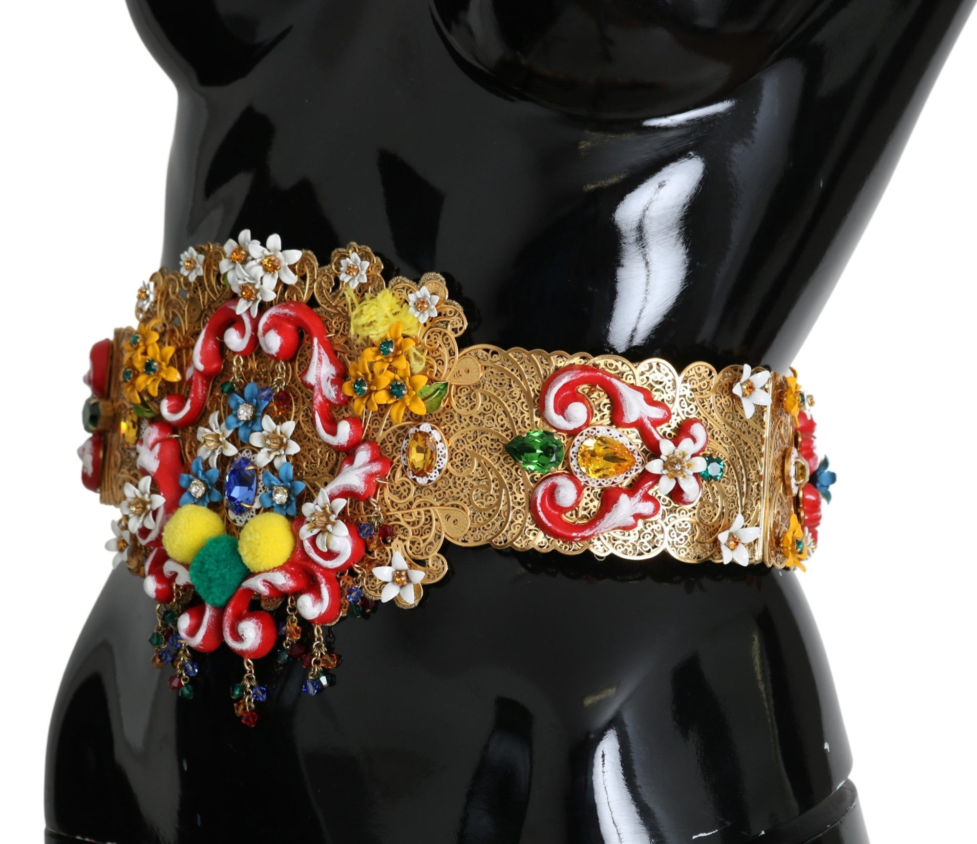 Dolce & Gabbana Embellished Floral Crystal Wide Waist Golden Belt - Maison Luxe