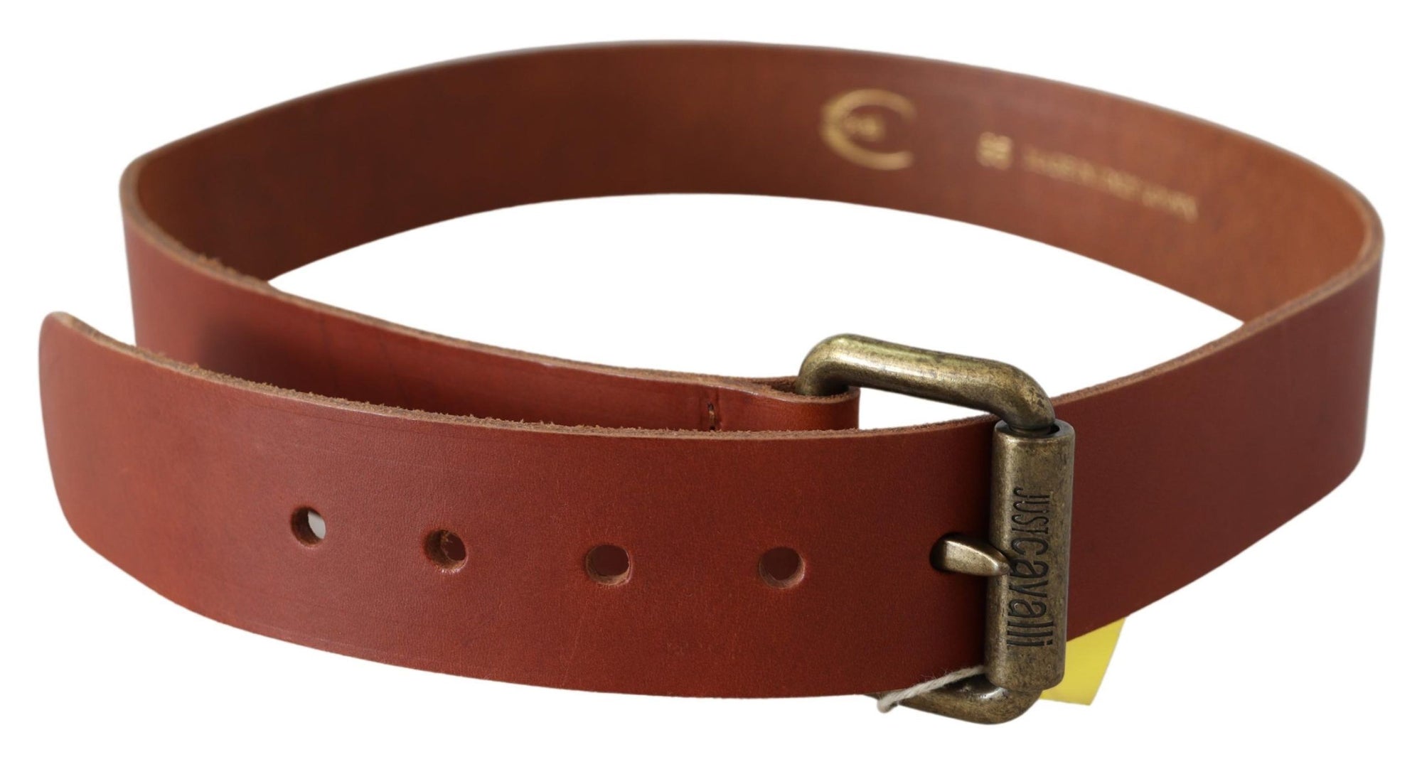 Just Cavalli Brown Leather Logo Bronze Rustic Metal Buckle Belt - Maison Luxe