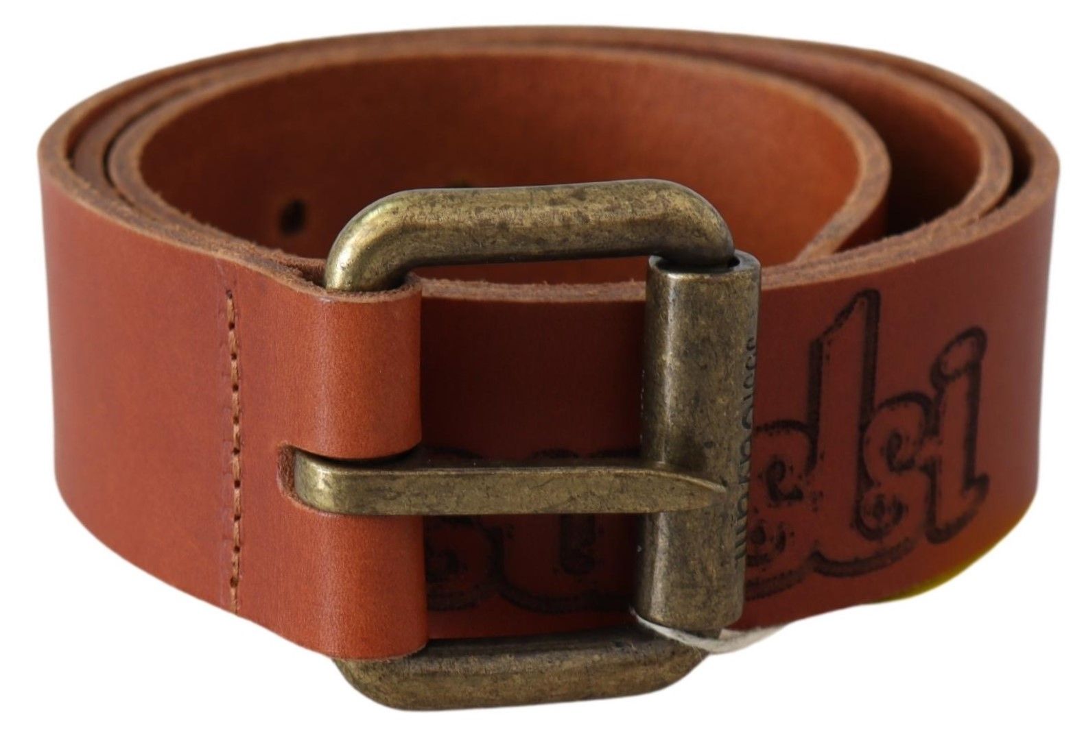 Just Cavalli Brown Leather Logo Bronze Rustic Metal Buckle Belt - Maison Luxe