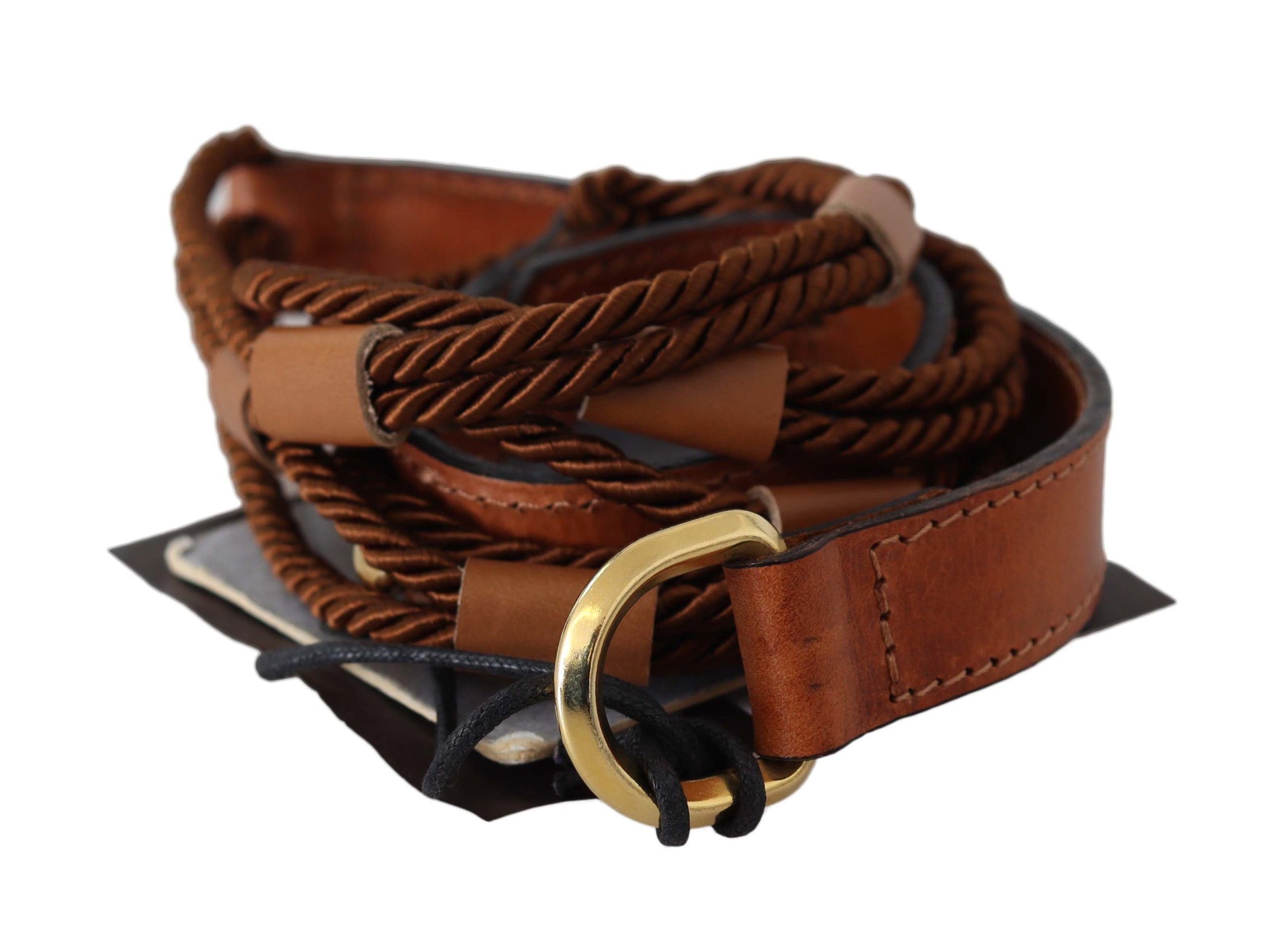 Scervino Street Brown Leather Braided Rope Gold Buckle  Belt - Maison Luxe