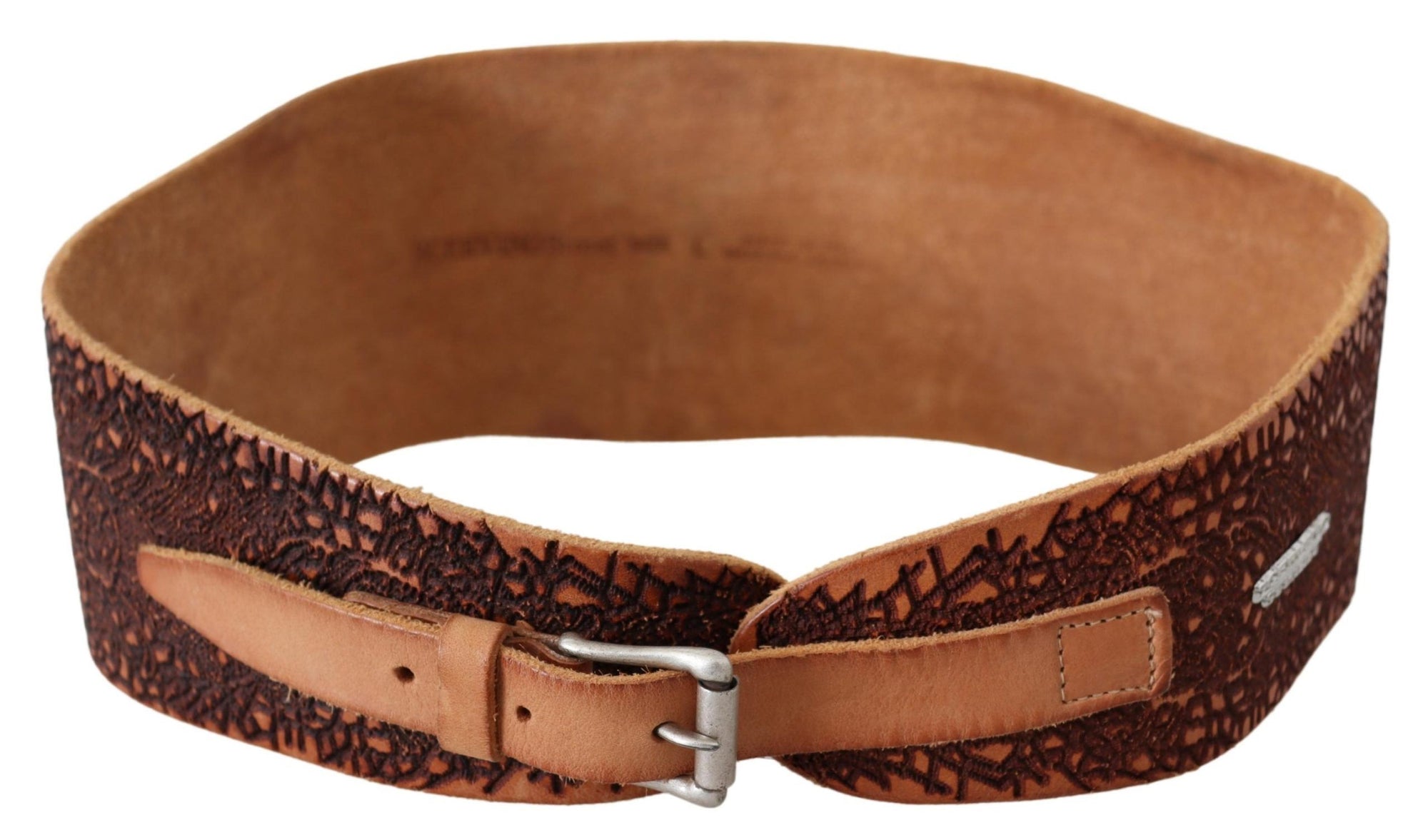 Scervino Street Brown Wide Leather Embroidered Design Logo Belt - Maison Luxe