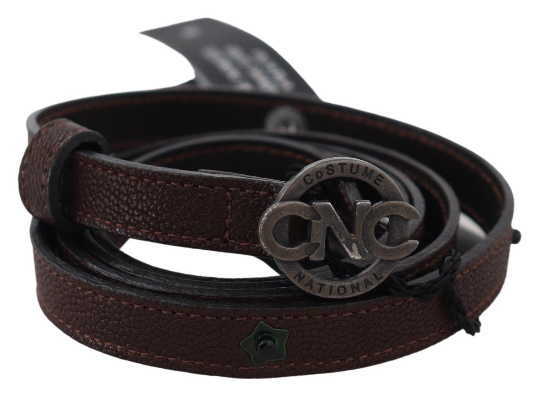 Costume National Brown Skinny Leather Round Logo Buckle Belt - Maison Luxe