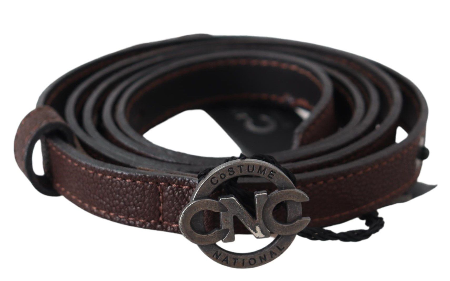 Costume National Brown Skinny Leather Round Logo Buckle Belt - Maison Luxe