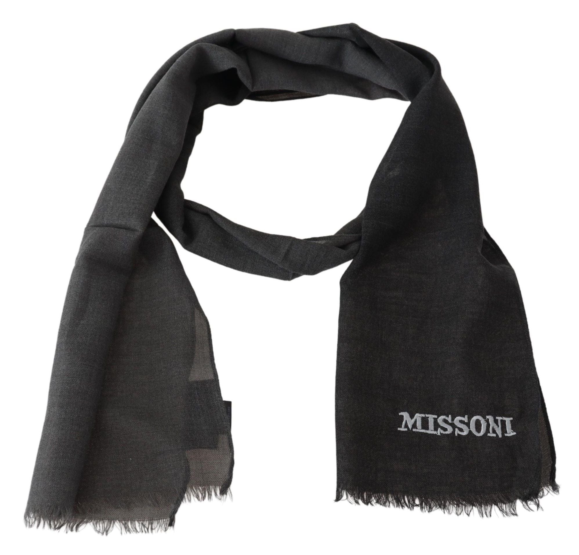 Missoni Gray Wool Unisex Neck Wrap Shawl Fringes Logo Scarf - Maison Luxe