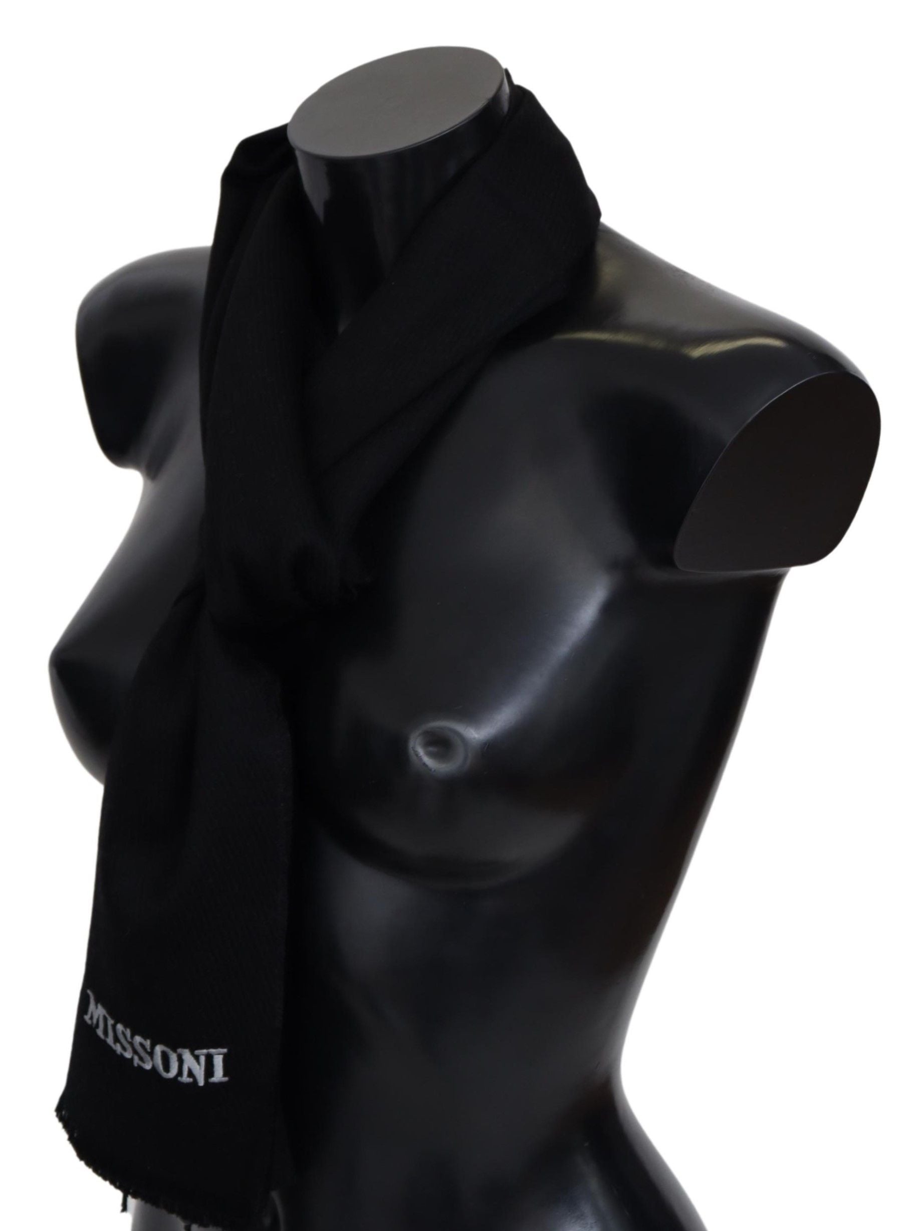 Missoni Black 100% Wool Unisex Neck Wrap Fringes Logo Scarf - Maison Luxe