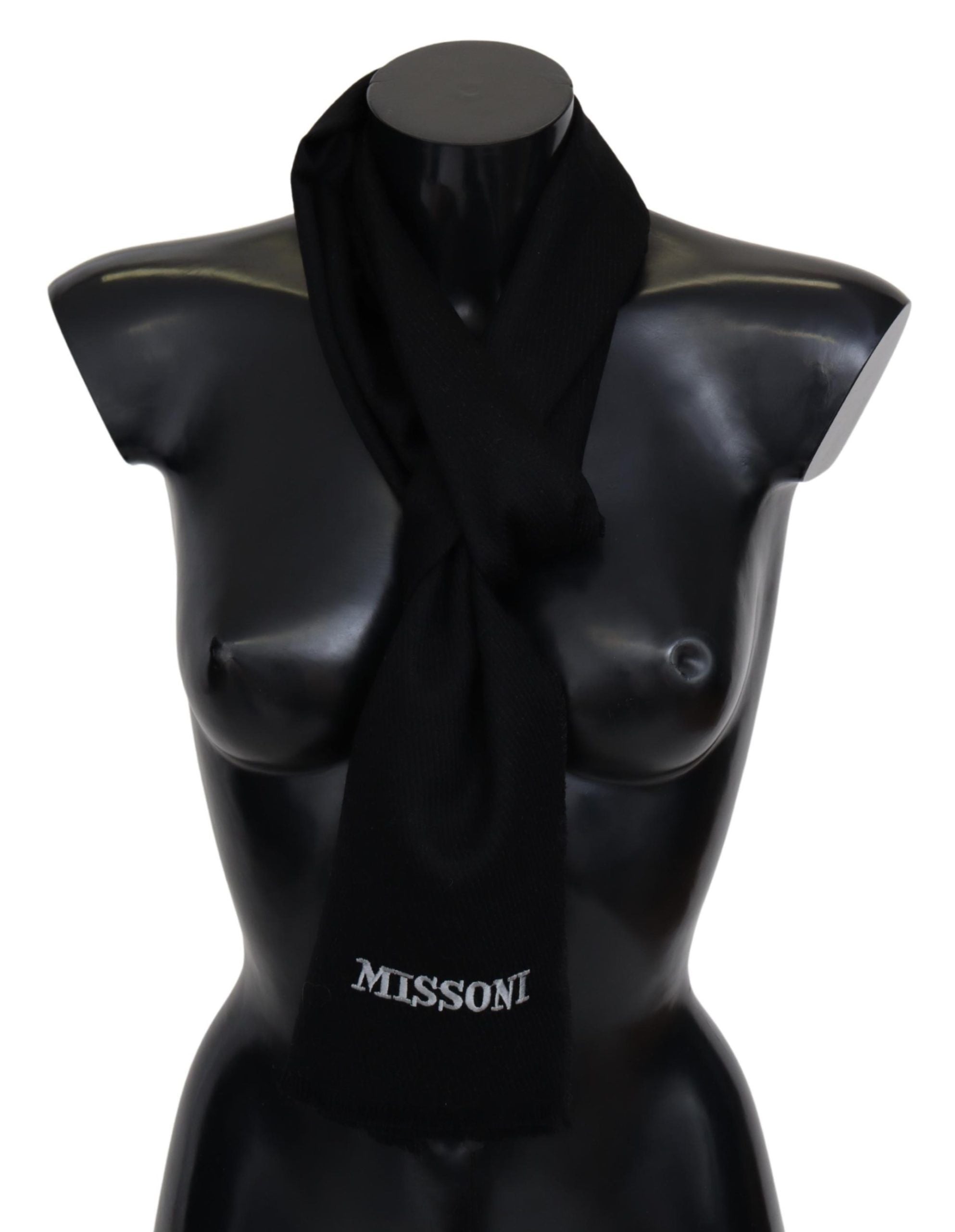 Missoni Black 100% Wool Unisex Neck Wrap Fringes Logo Scarf - Maison Luxe