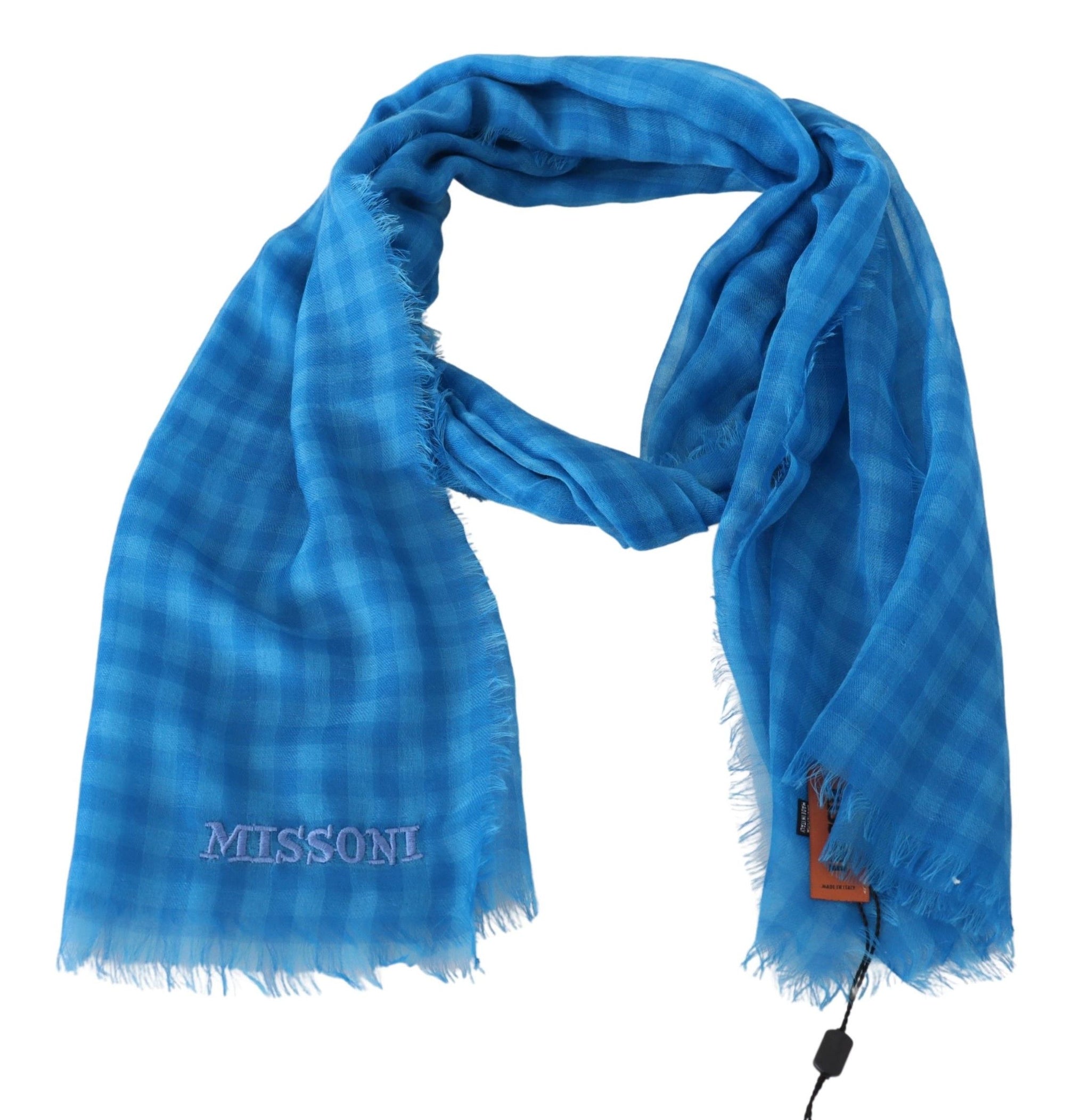 Missoni Blue Checkered Cashmere Unisex Wrap Fringes Scarf - Maison Luxe