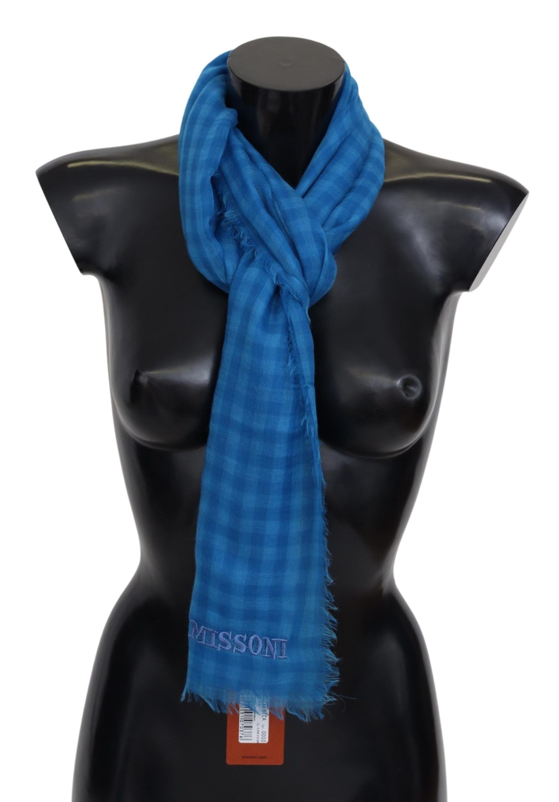Missoni Blue Checkered Cashmere Unisex Wrap Fringes Scarf - Maison Luxe