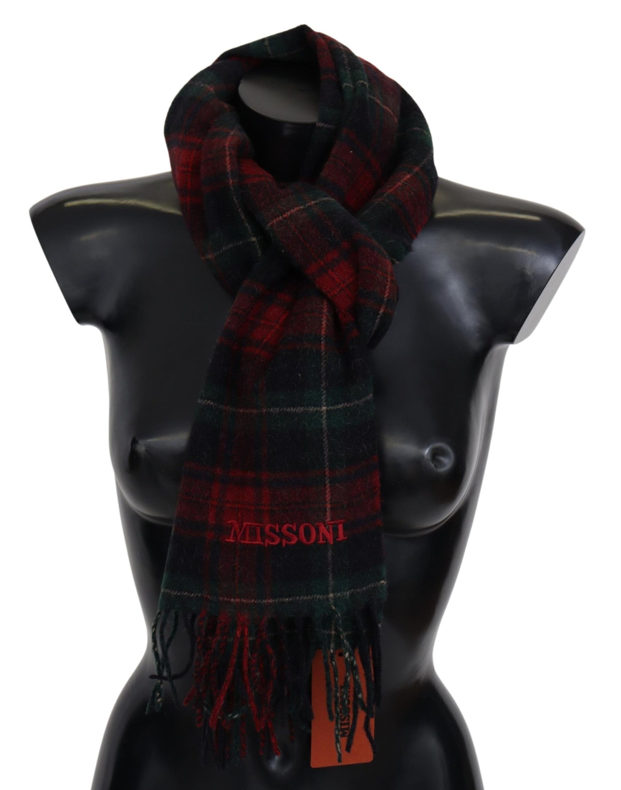 Missoni Black Red Check Wool Unisex Neck Wrap Fringes Scarf - Maison Luxe