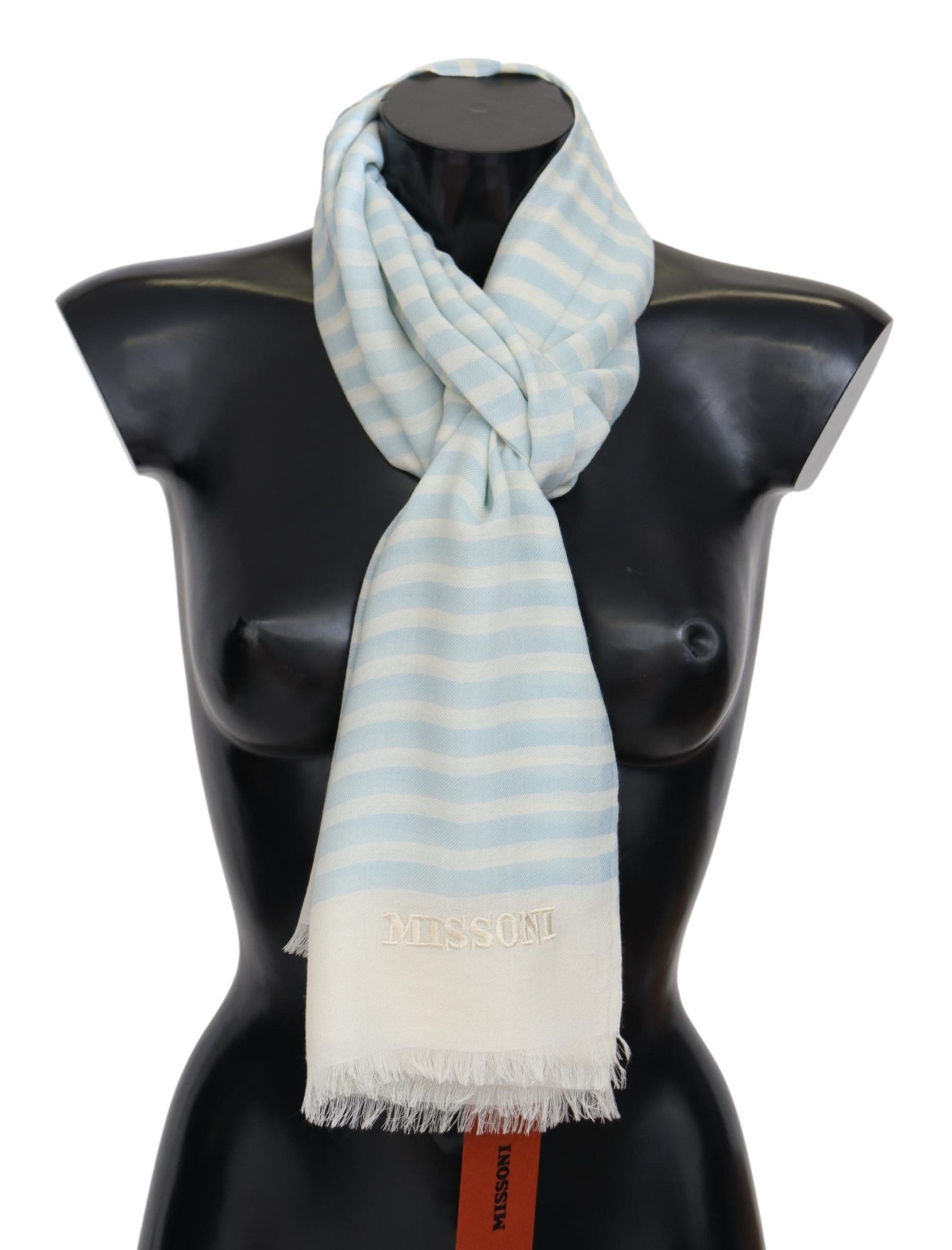 Missoni Blue White Lined Cashmere Unisex Wrap Scarf - Maison Luxe