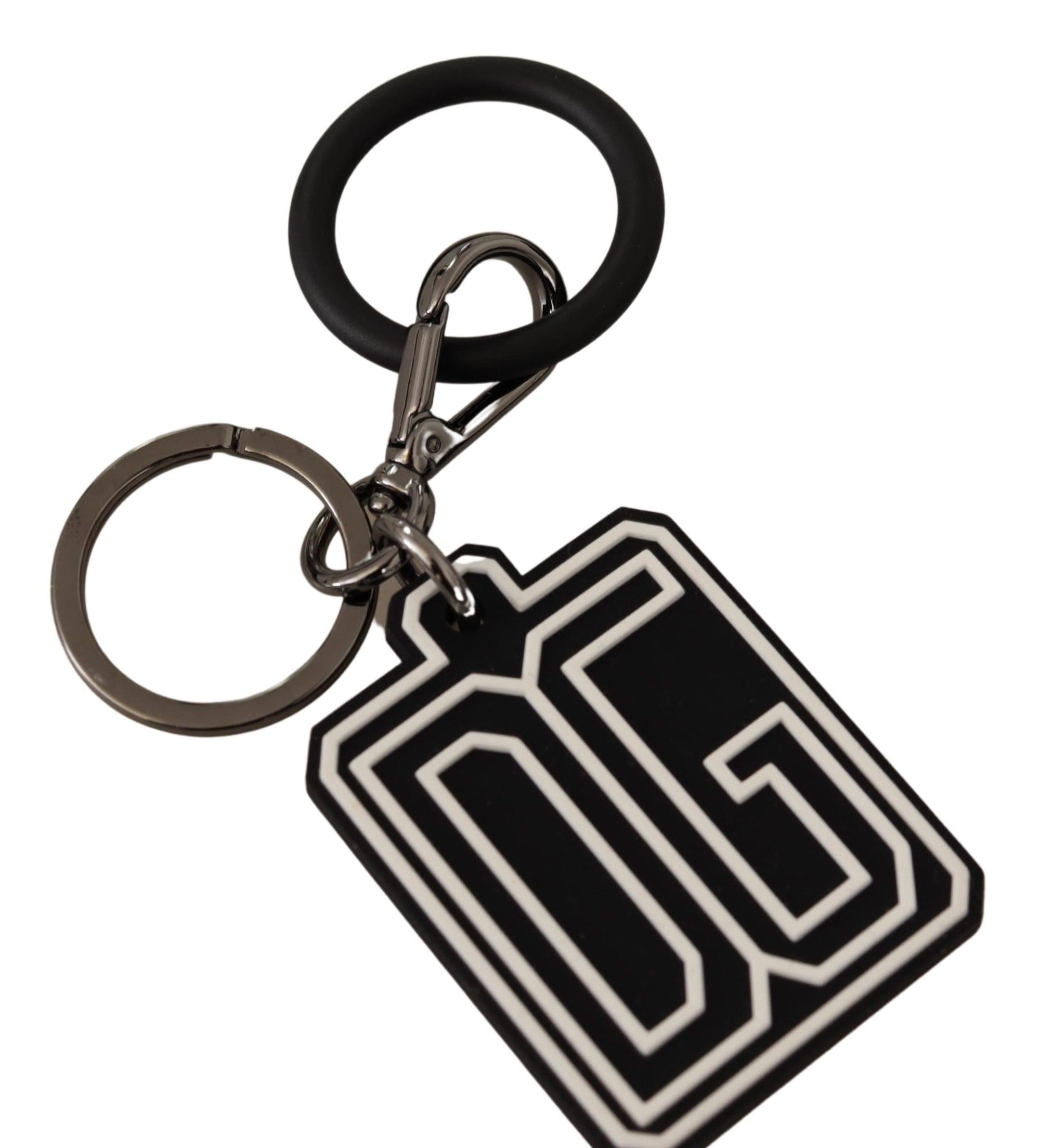 Dolce & Gabbana Black White DG Rubber Logo Silver Ring Keychain - Maison Luxe
