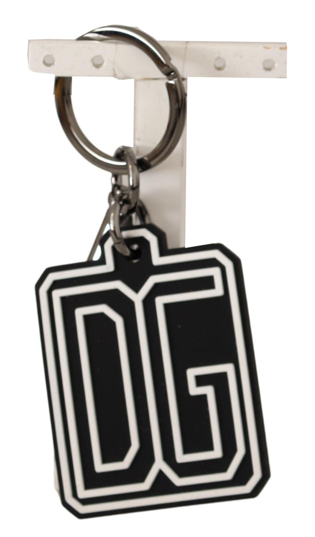 Dolce & Gabbana Black White DG Rubber Logo Silver Ring Keychain - Maison Luxe