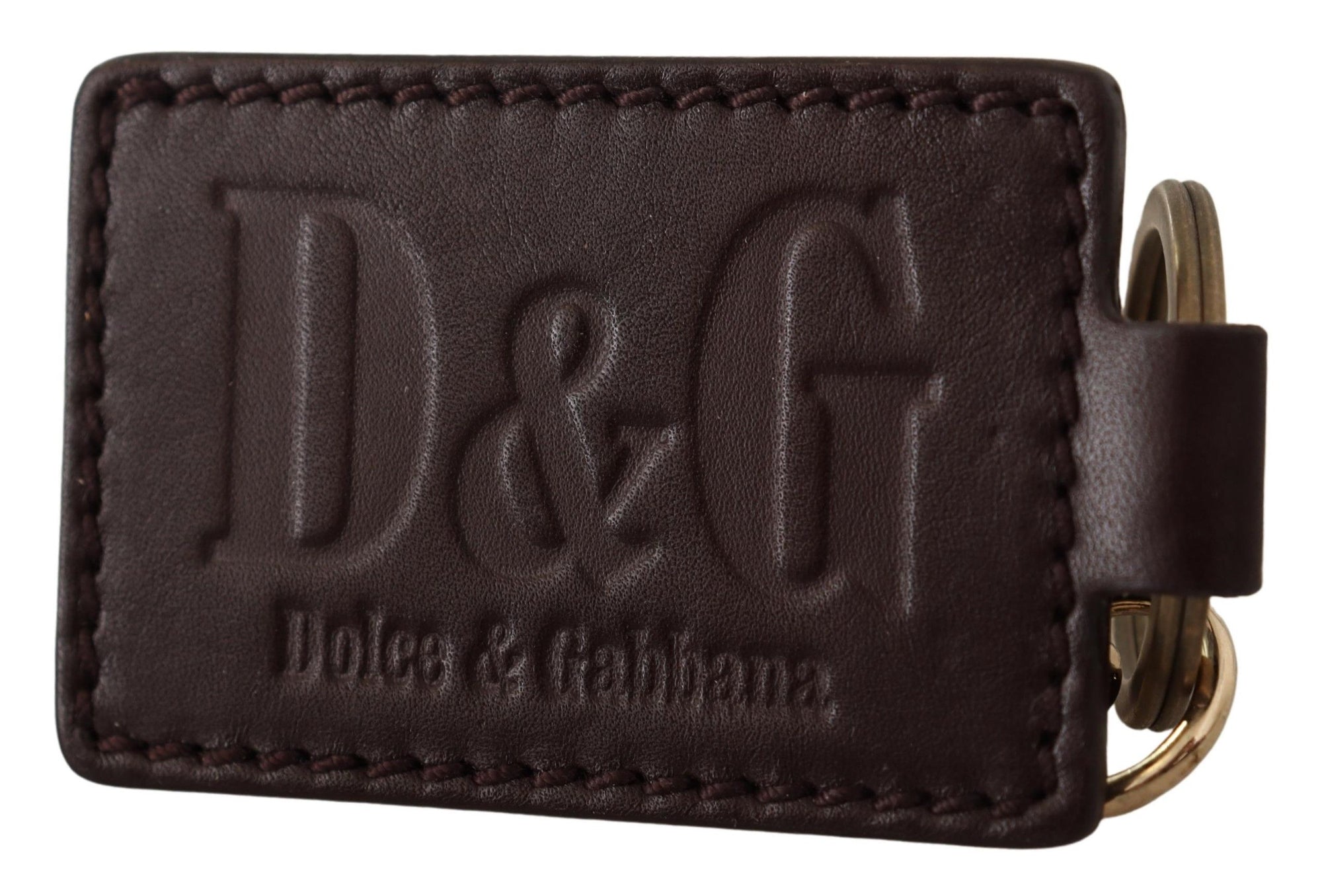 Dolce & Gabbana Brown Leather Logo Metal Ring Hook Keychain - Maison Luxe