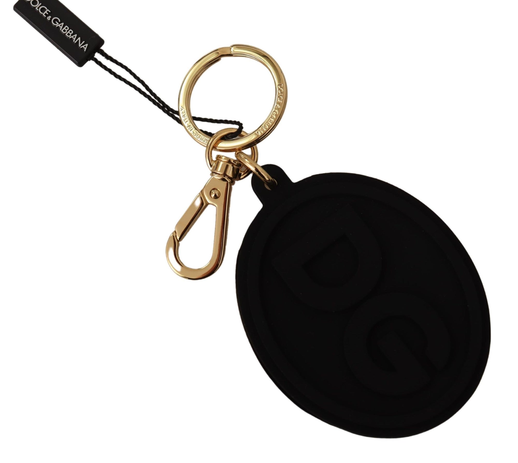 Dolce & Gabbana Black Rubber DG Logo Gold Brass Metal Keyring Keychain - Maison Luxe