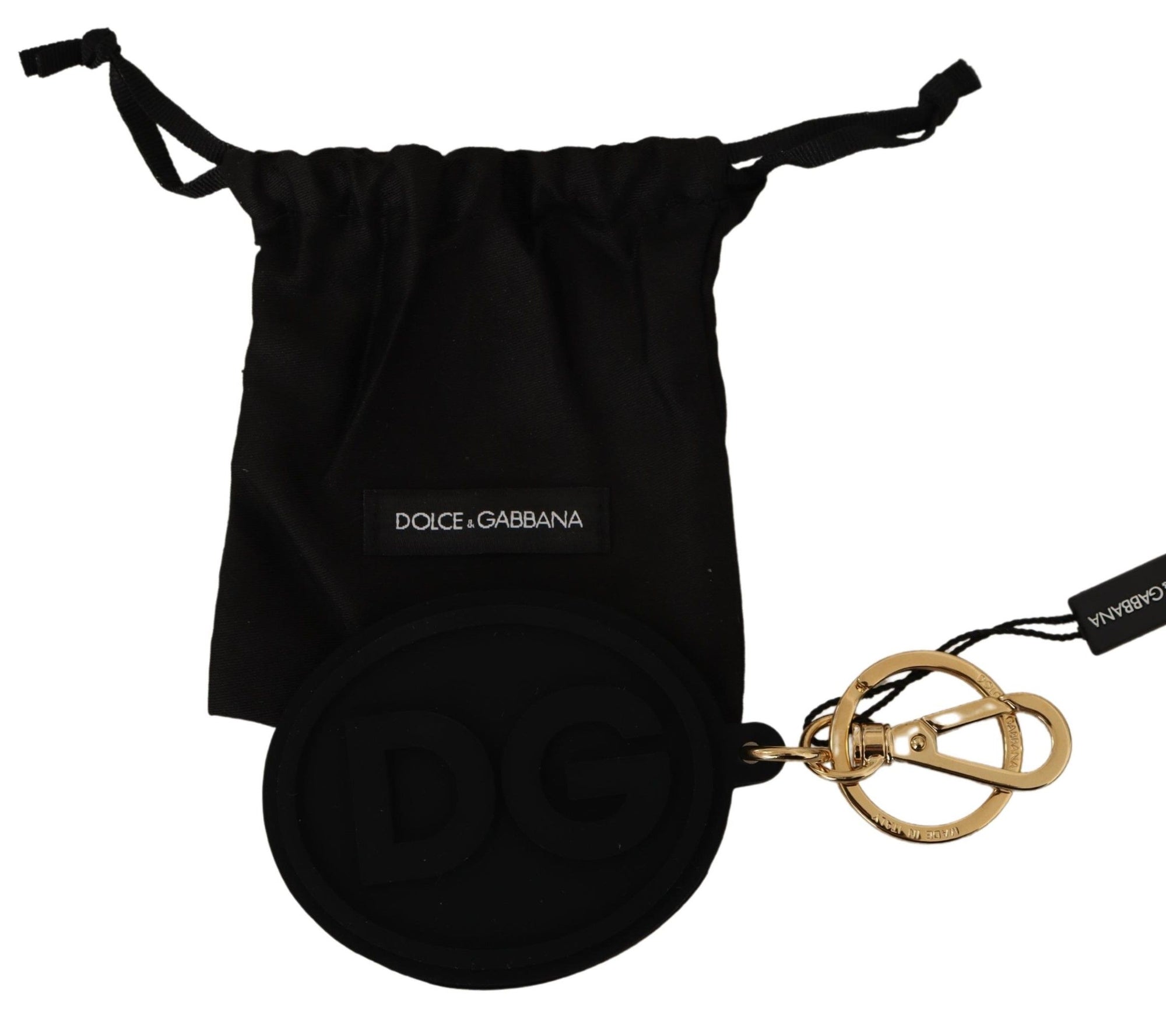 Dolce & Gabbana Black Rubber DG Logo Gold Brass Metal Keyring Keychain - Maison Luxe