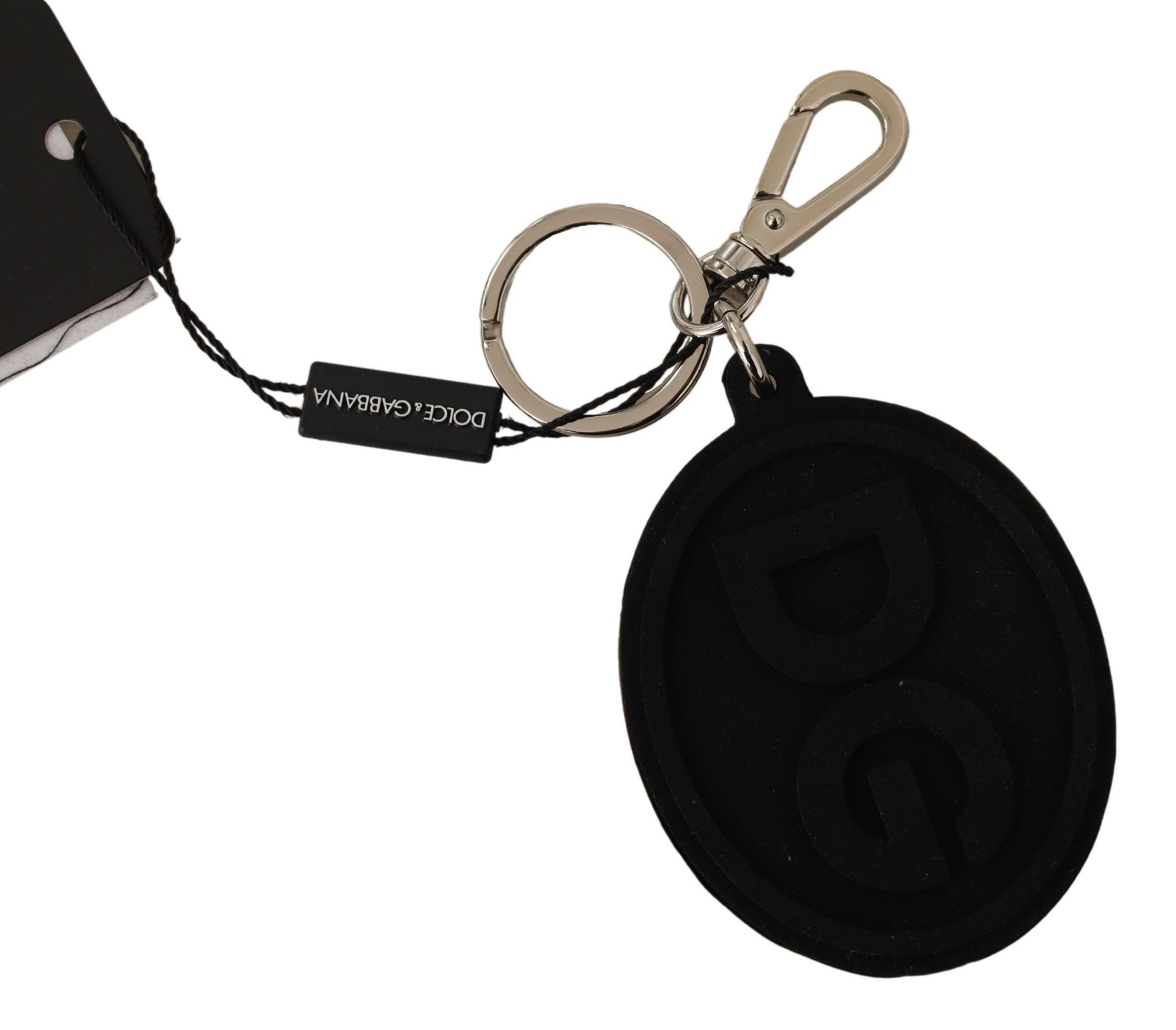 Dolce & Gabbana Black Rubber DG Logo Silver Brass Metal Keychain - Maison Luxe