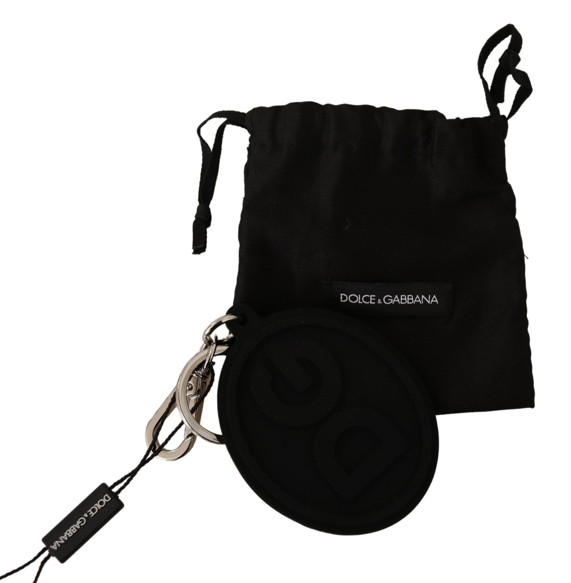 Dolce & Gabbana Black Rubber DG Logo Silver Brass Metal Keychain - Maison Luxe