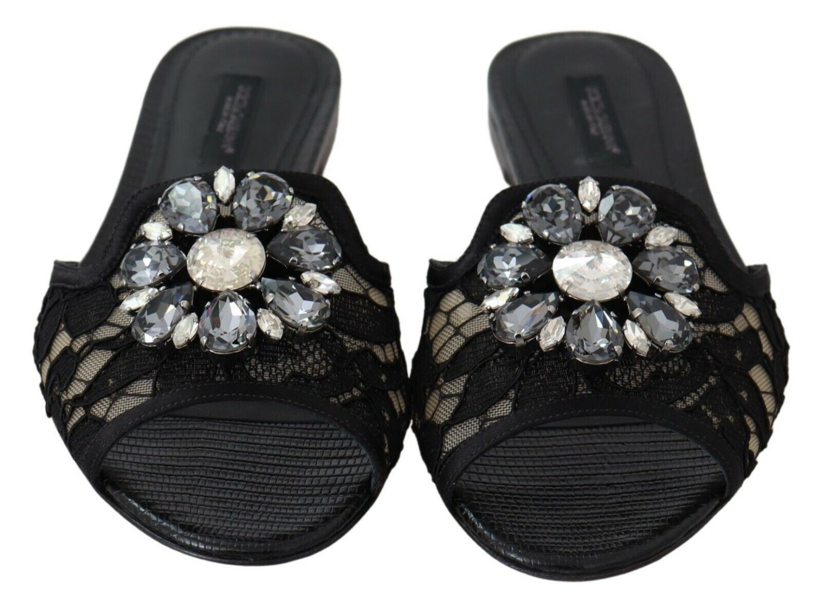 Dolce & Gabbana Black Taormina Lace Slides Crystals Flats Shoes