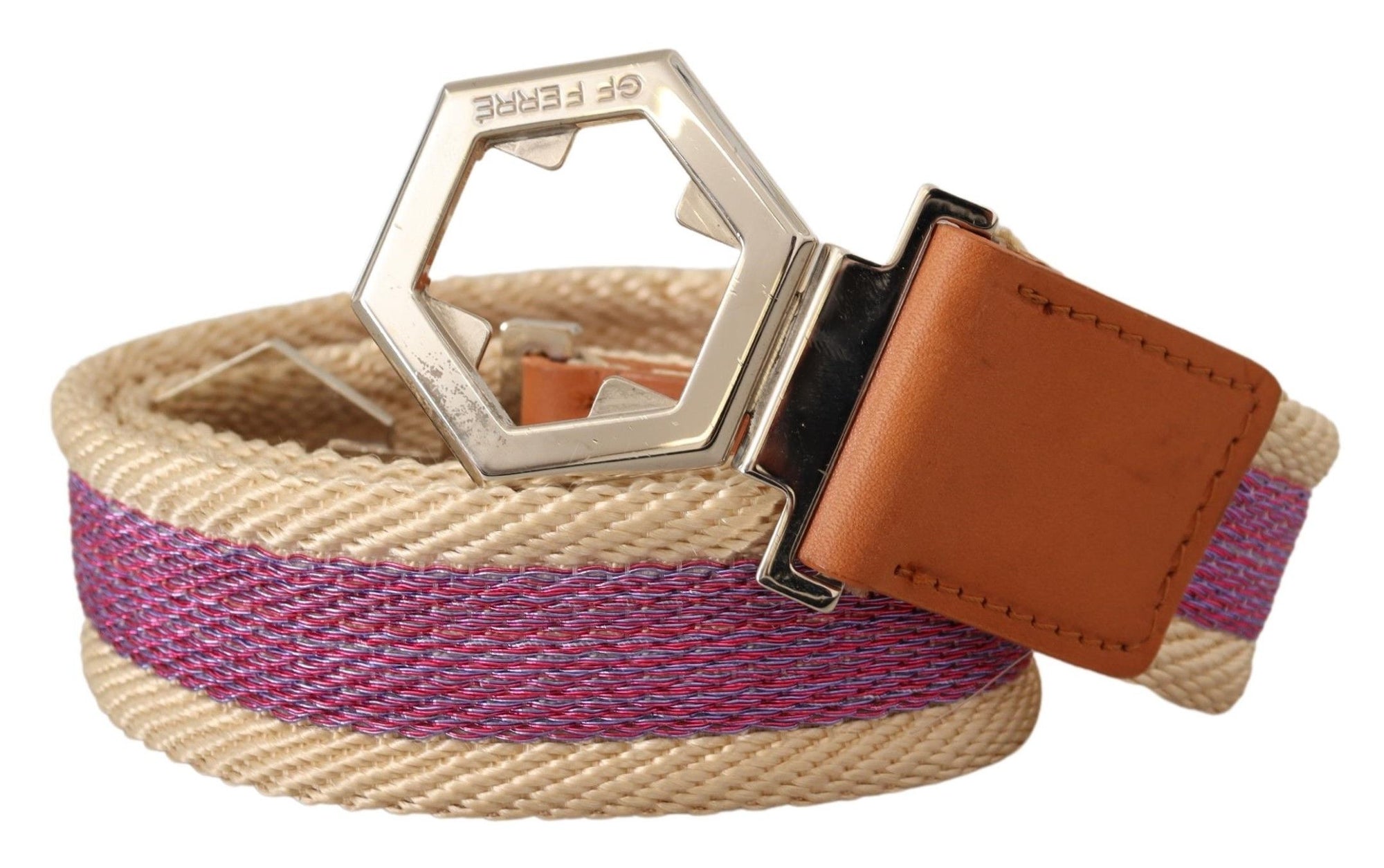 GF Ferre Multicolor Leather Silver Hexagon Logo Buckle Belt - Maison Luxe
