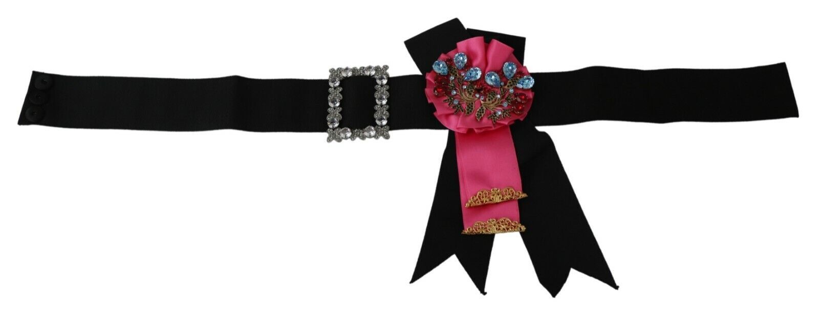 Dolce & Gabbana Black Pink Flower Brooch Crystals Cotton Belt - Maison Luxe