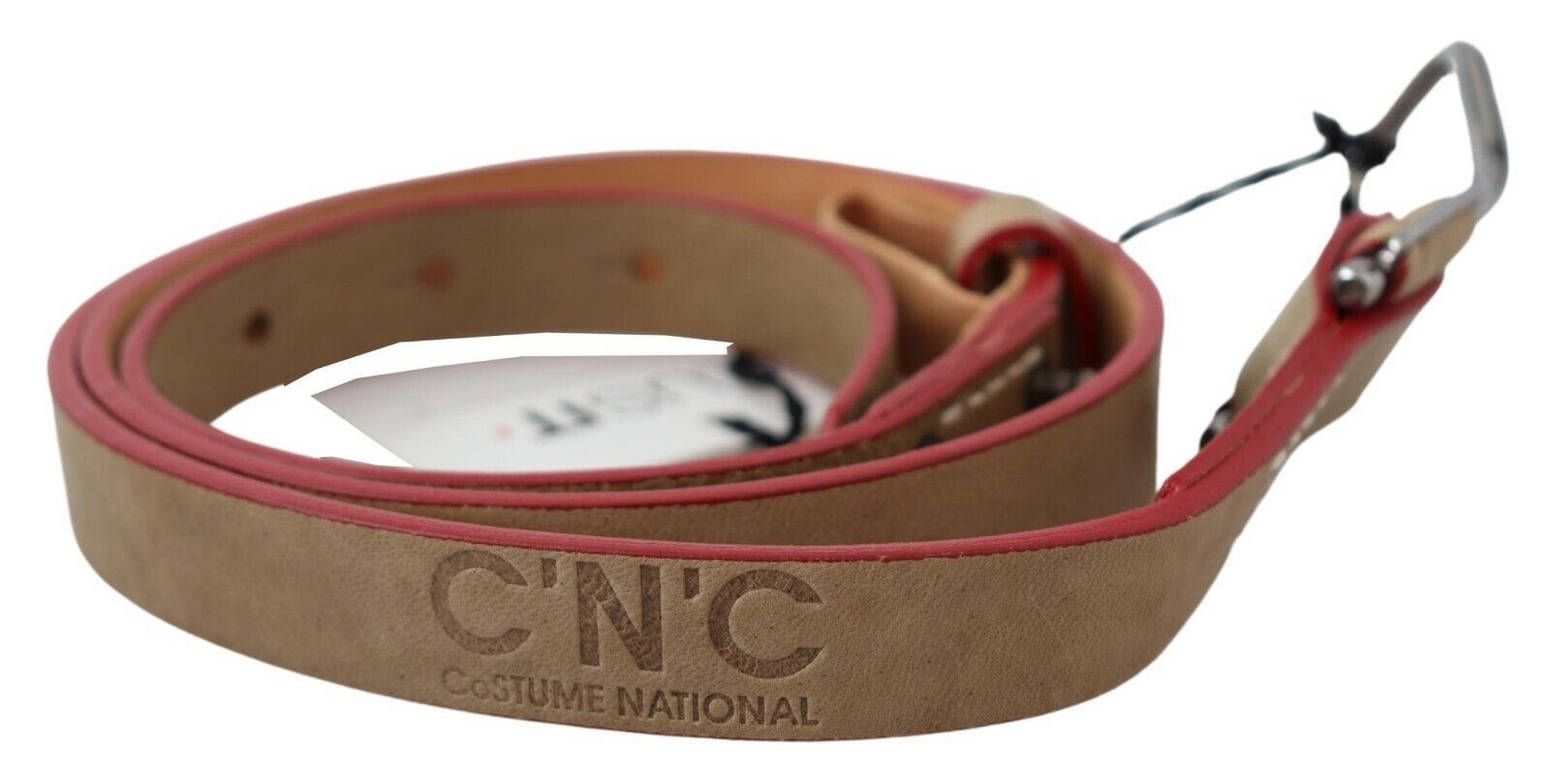 Costume National Beige Leather Silver Logo Buckle Waist Belt - Maison Luxe