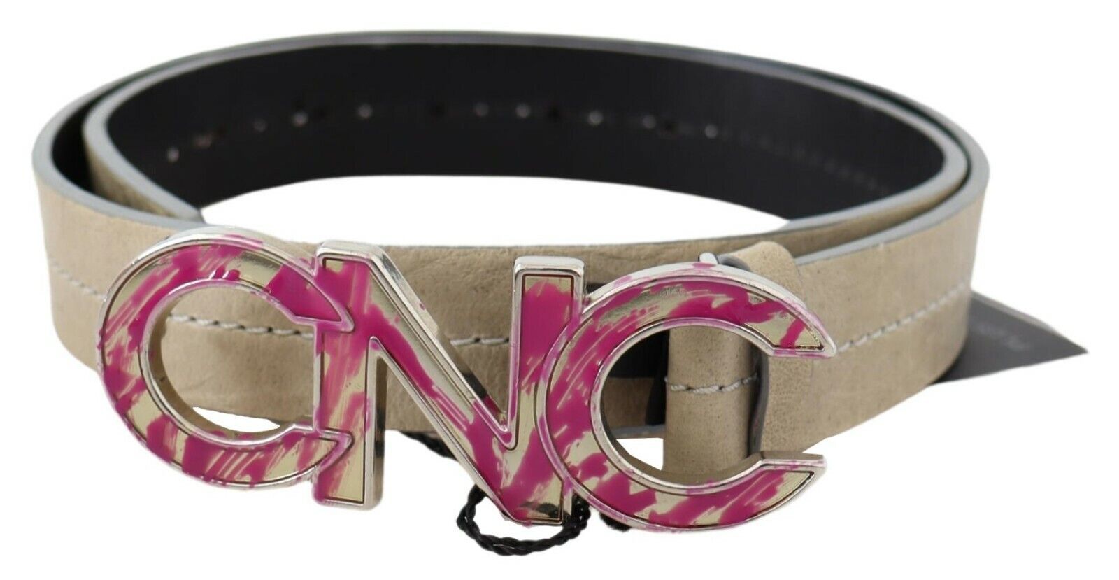 Costume National Beige Leather Pink Letter Logo Buckle Belt - Maison Luxe