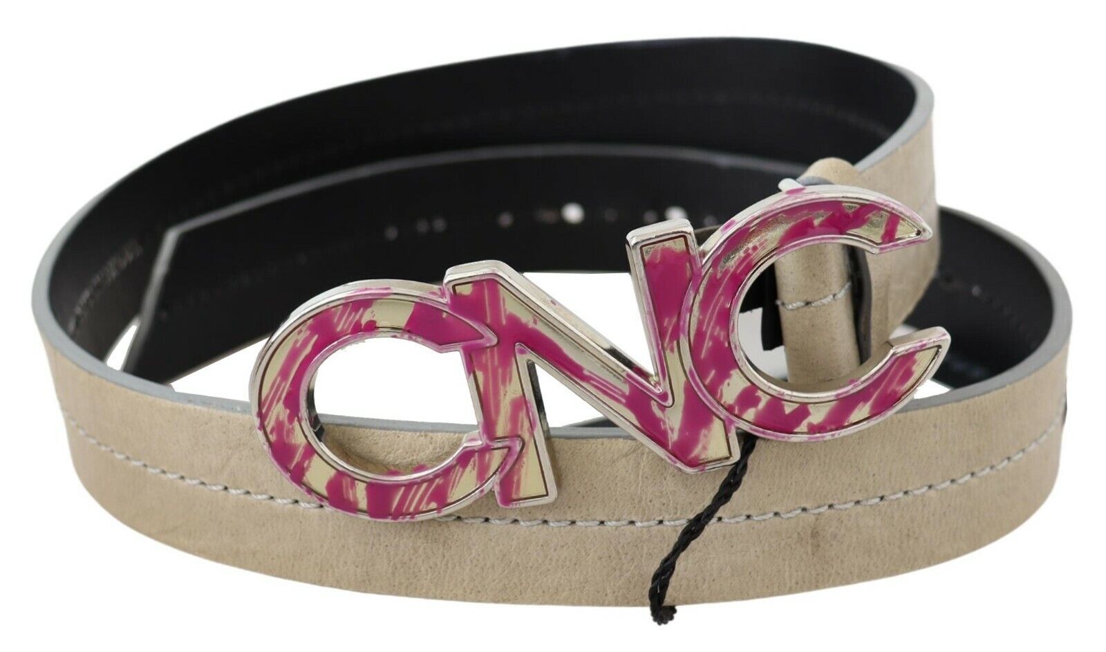 Costume National Beige Leather Pink Letter Logo Buckle Belt - Maison Luxe