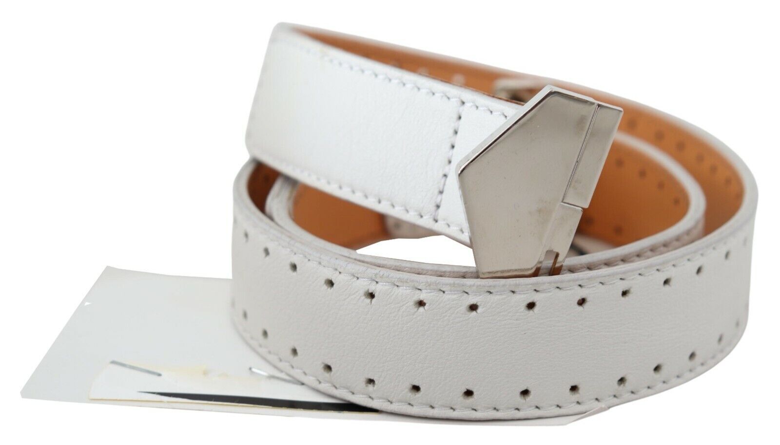 GF Ferre White Leather Hexagon Logo Buckle Waist Belt - Maison Luxe