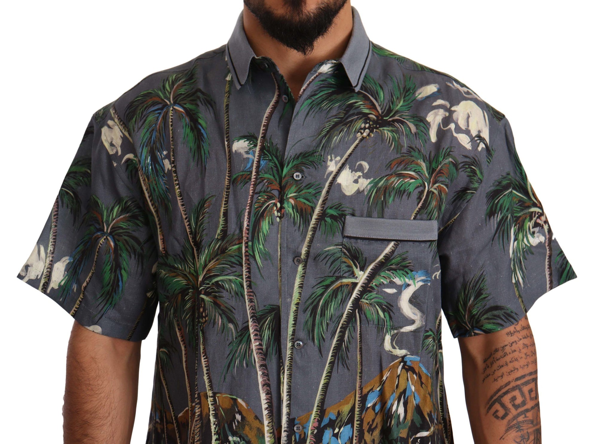 Dolce & Gabbana Gray Linen Tropical Print Collared Shirt