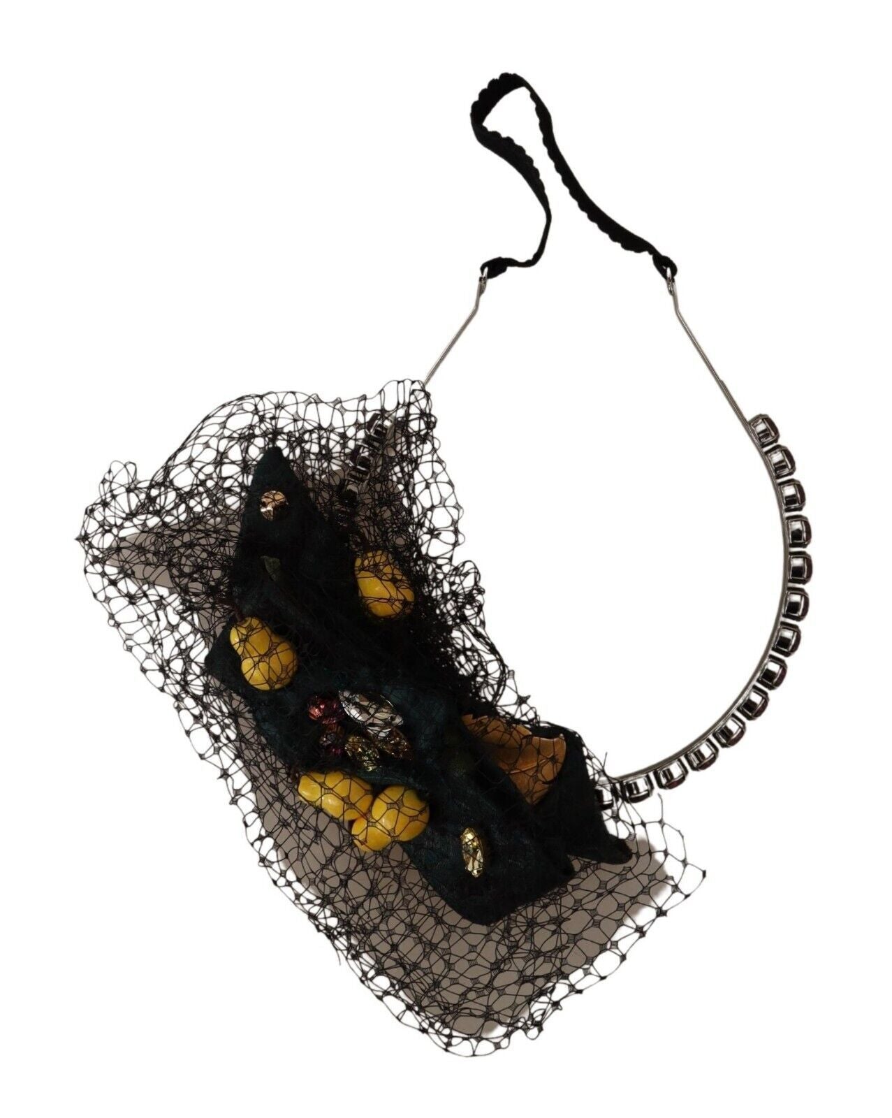 Dolce & Gabbana Silver Tiara Crystals Fruits Black Mesh Diadem Headband - Maison Luxe