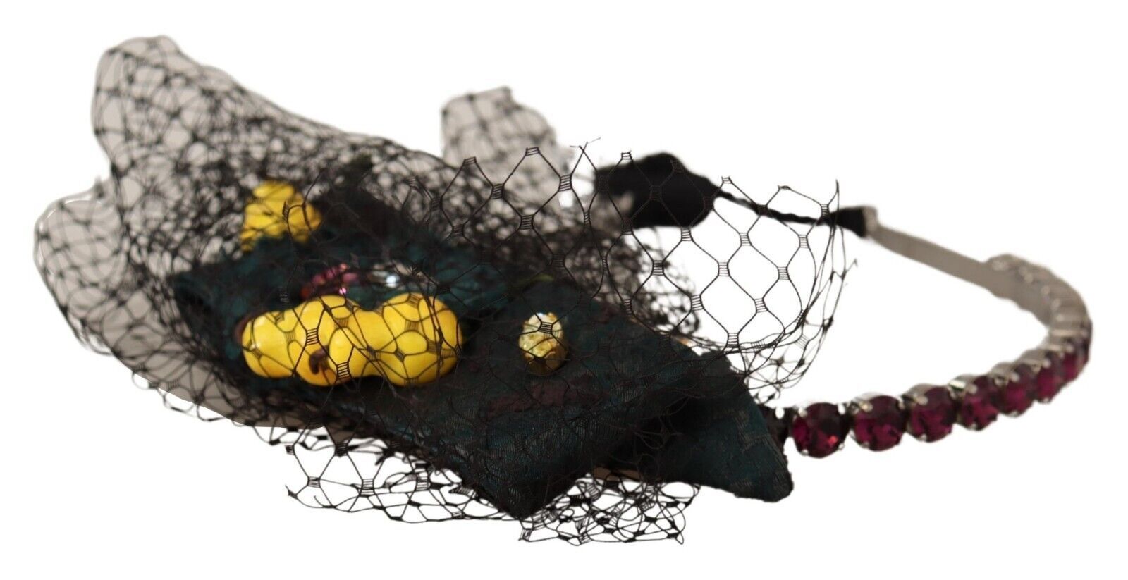 Dolce & Gabbana Silver Tiara Crystals Fruits Black Mesh Diadem Headband - Maison Luxe