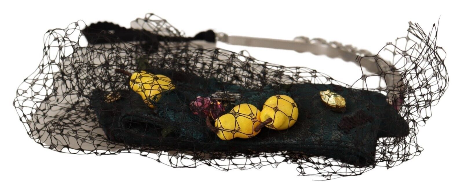Dolce & Gabbana Silver Tiara Crystals Fruits Black Mesh Diadem Headband - Maison Luxe