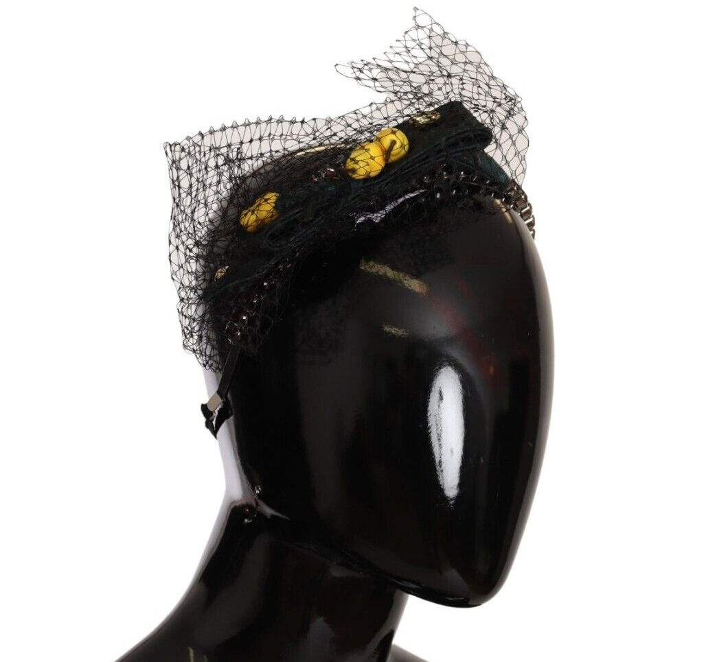 Dolce & Gabbana Silver Tiara Crystals Fruits Black Mesh Diadem Headband - Maison Luxe