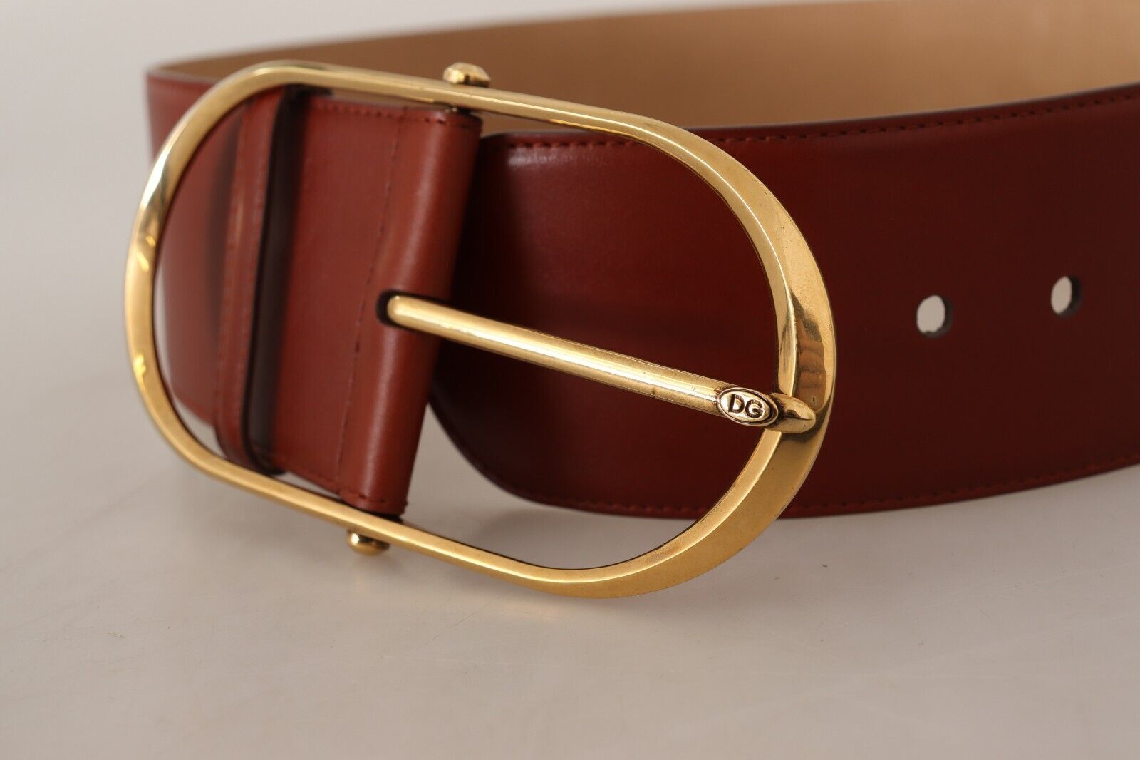 Dolce & Gabbana Maroon Leather Gold Metal Oval Buckle Belt - Maison Luxe