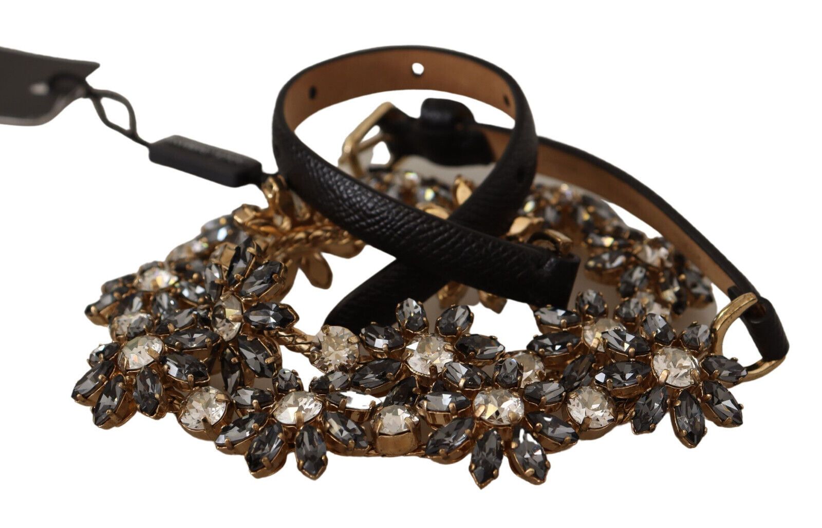 Dolce & Gabbana Black Daisy Crystal Dauphine Texture Belt - Maison Luxe