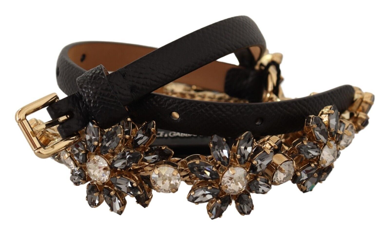 Dolce & Gabbana Black Daisy Crystal Dauphine Texture Belt - Maison Luxe