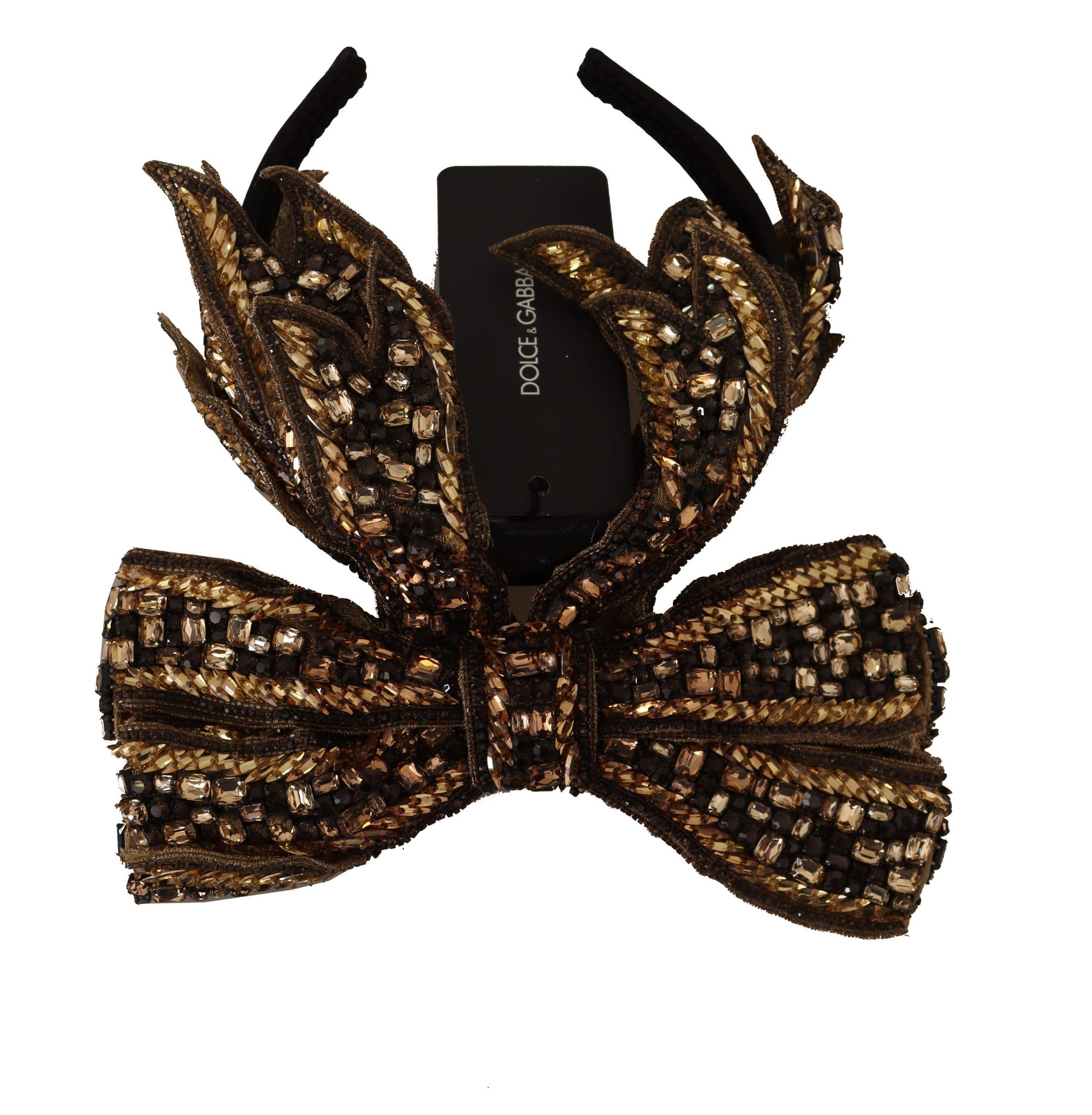 Dolce & Gabbana Gold Crystal Beaded Sequined Silk Bow Headband Diadem - Maison Luxe