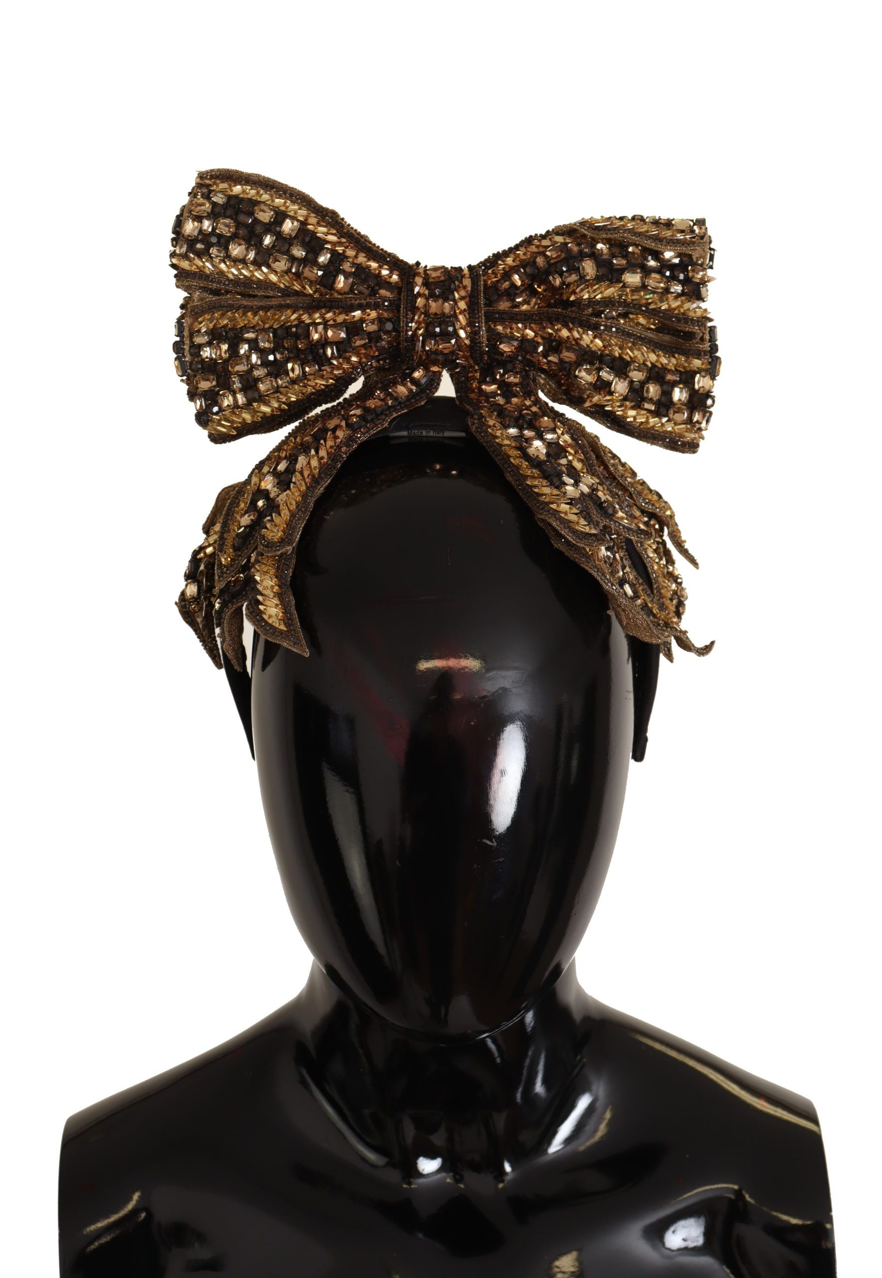 Dolce & Gabbana Gold Crystal Beaded Sequined Silk Bow Headband Diadem - Maison Luxe