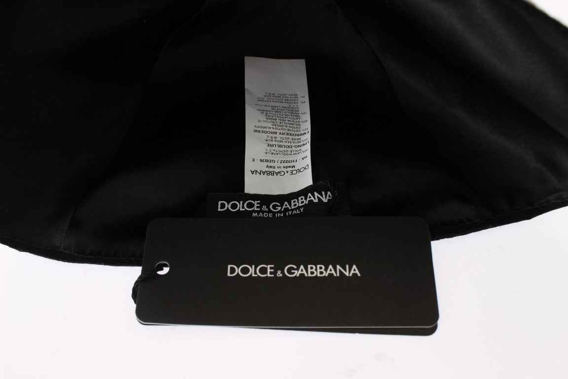 Dolce & Gabbana Black Wool White Floral Gold Leaf Hat