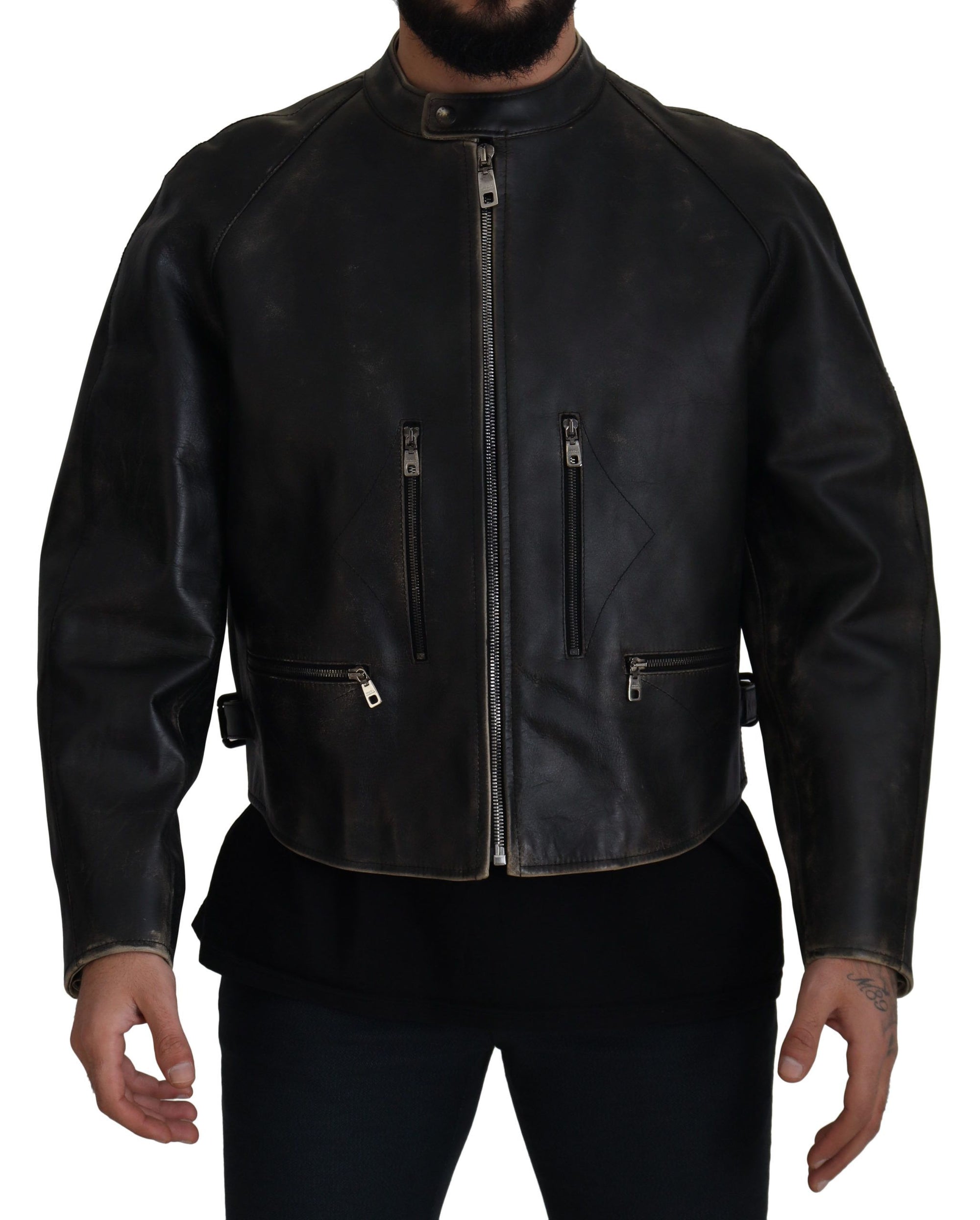 Dolce & Gabbana Black Leather Zipper Biker Coat Jacket