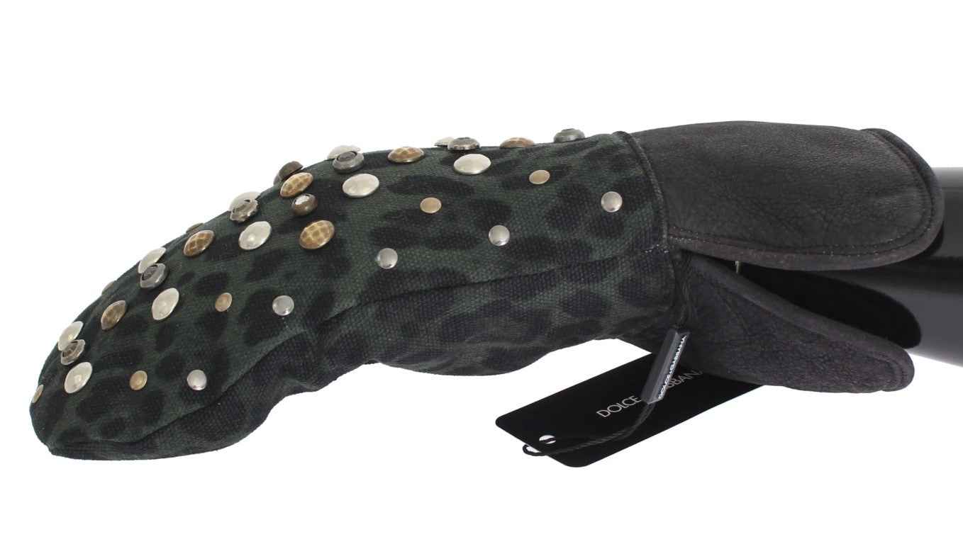 Dolce & Gabbana Gray Wool Shearling Studded Green Leopard Gloves
