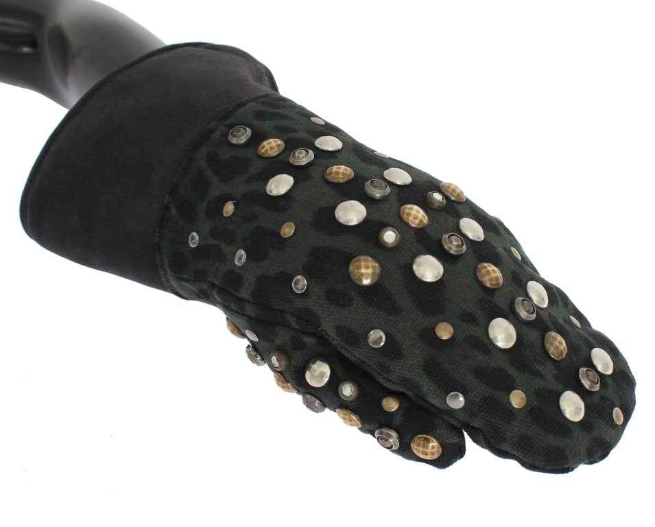 Dolce & Gabbana Gray Wool Shearling Studded Green Leopard Gloves