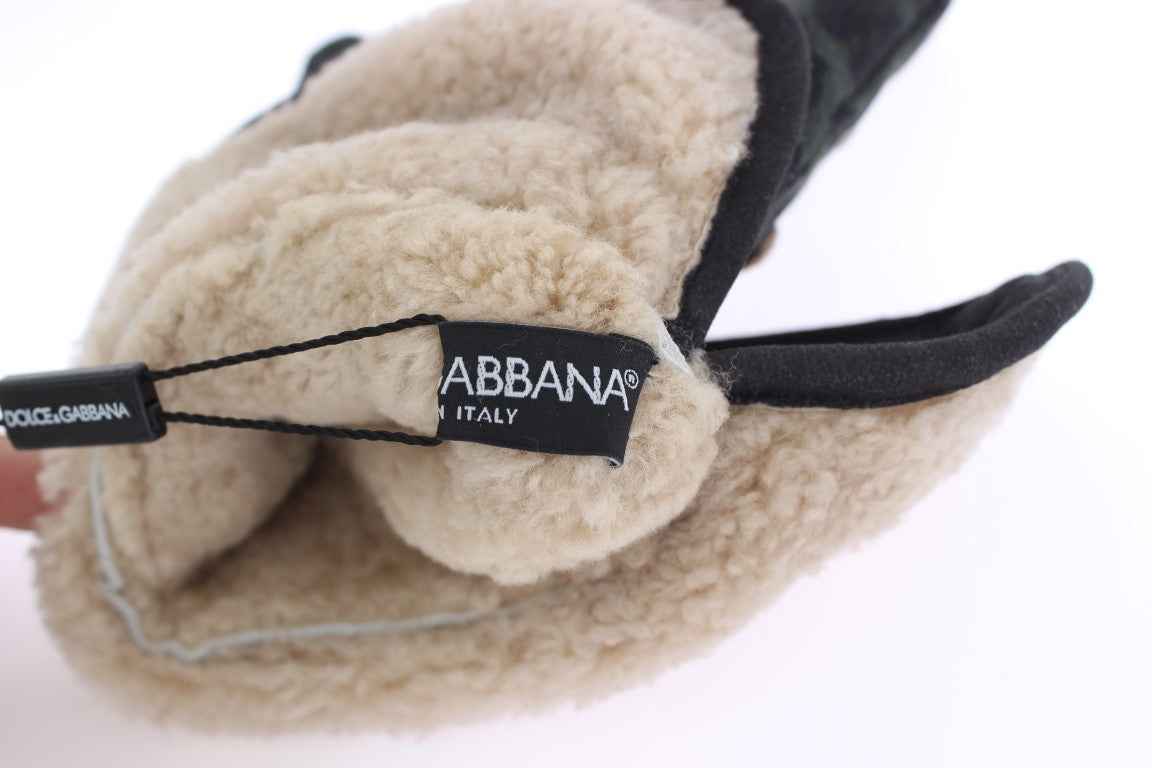 Dolce & Gabbana Gray Wool Shearling Studded Green Leopard Gloves