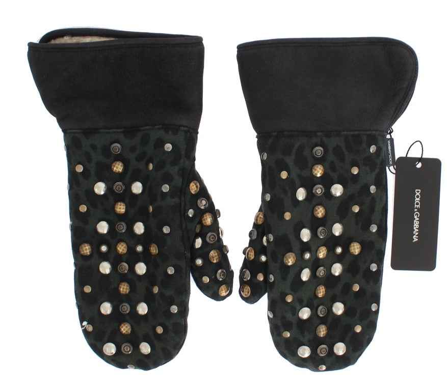 Dolce & Gabbana Gray Wool Shearling Studded Green Leopard Gloves