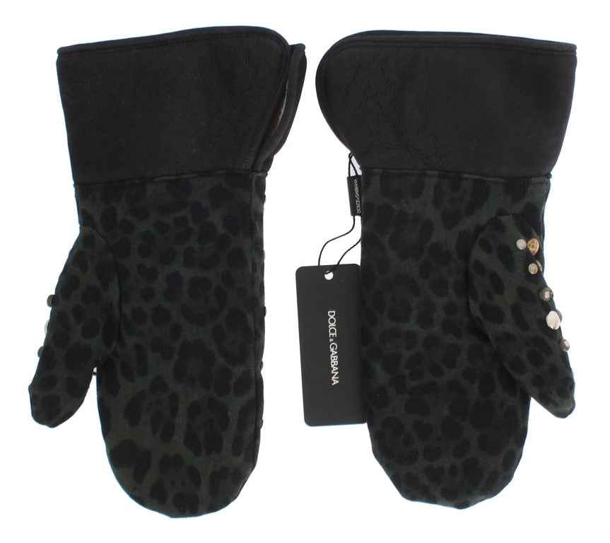 Dolce & Gabbana Gray Wool Shearling Studded Green Leopard Gloves