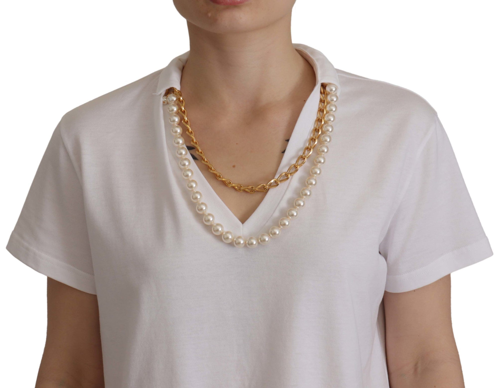 Dolce & Gabbana White Necklace Embellished Neckline T-shirt Top